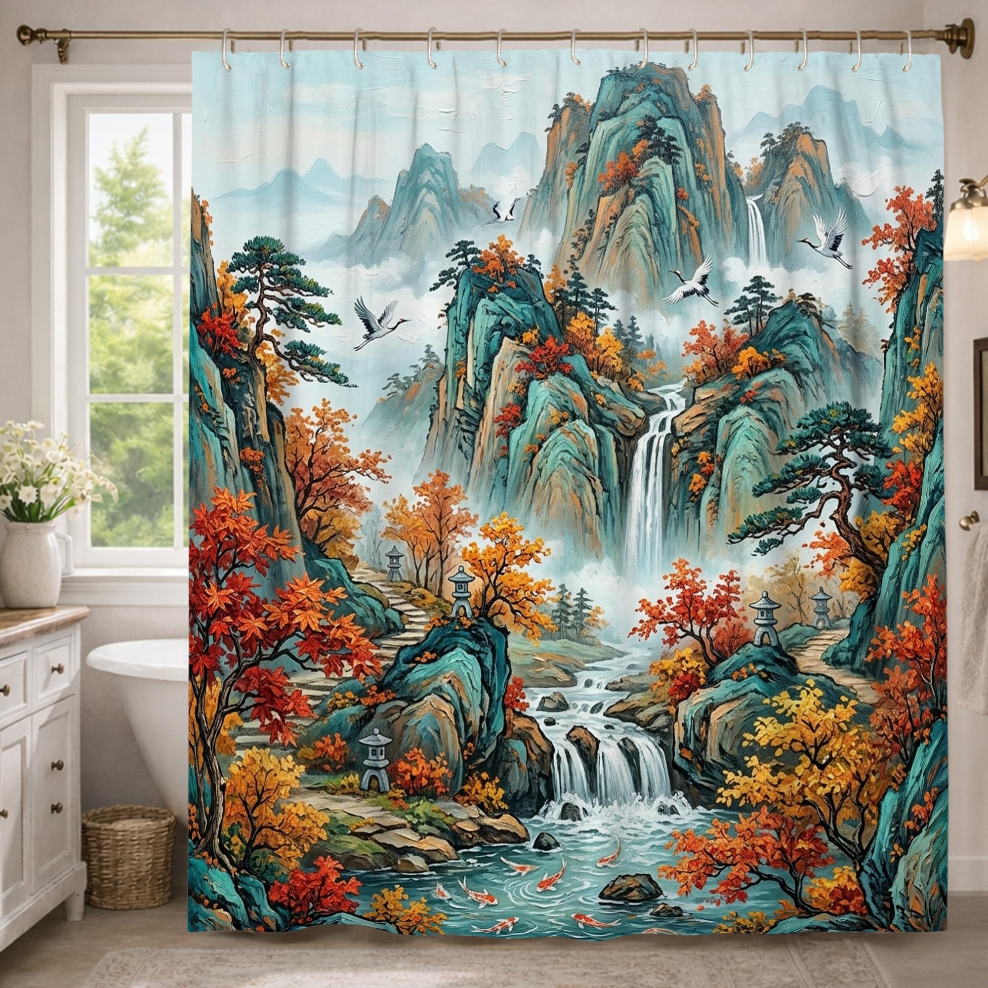 Rideau de douche en tissu de qualité supérieure motif arbres d'automne vert