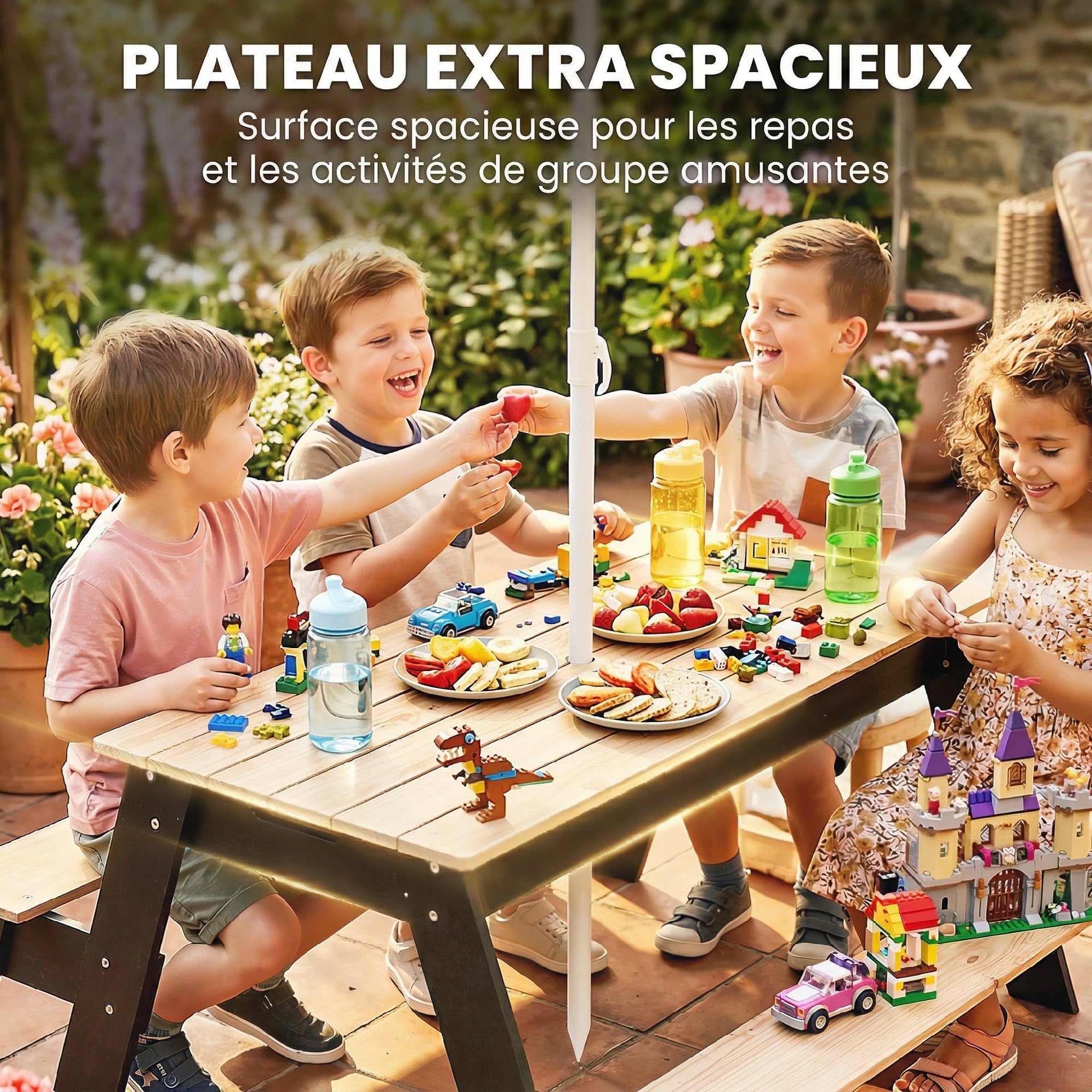 AIYAPLAY Tavolo da picnic per bambini con sabbiera e ombrellone, 3-6 anni | Tavolo 3-in-1 in legno, sabbia e acqua, 2 cassetti nascosti, legno naturale, mobili giardino bambini, patio, giardino