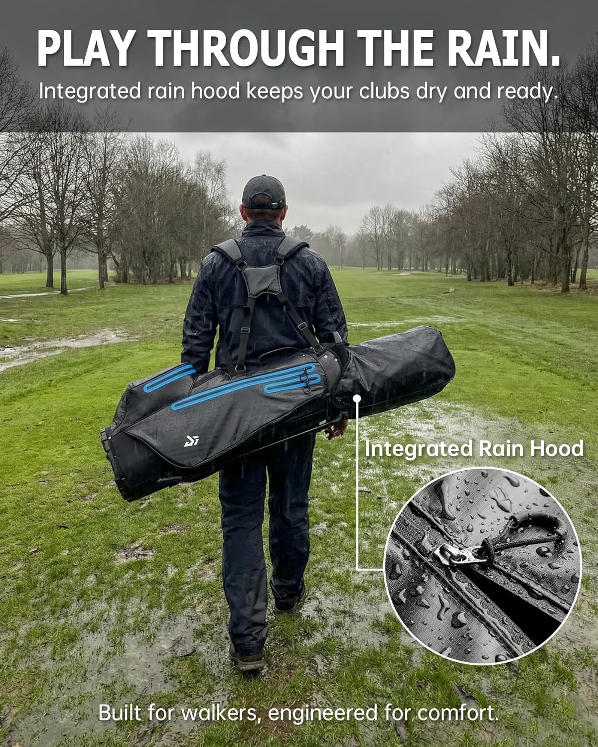 Waterproof Golf Stand Bag, All-Weather Lightweight Carry Bag with Reflective Safety Strips, 5-Way Top Divider, Rain Hood, 6 Pockets, Black