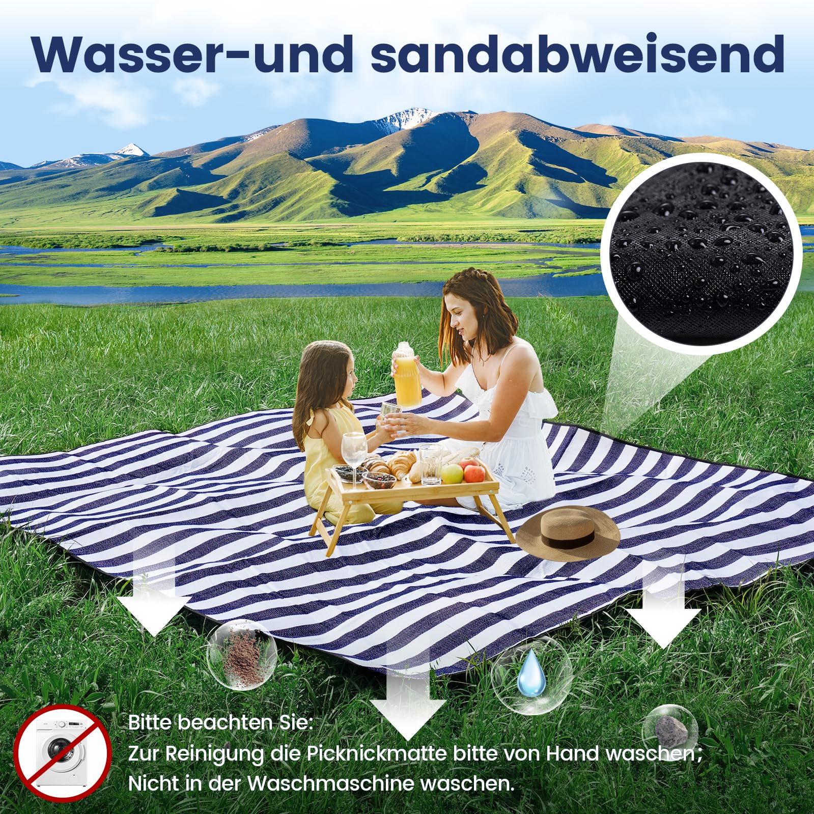 sapsisel 200 x 200 cm Picknickdecke, extra groß, wasserdicht und faltbar, Stranddecke, 3-lagige Outdoor-Decke für 6 bis 8 Erwachsene, für Camping, Park, Strand, Gras, drinnen usw