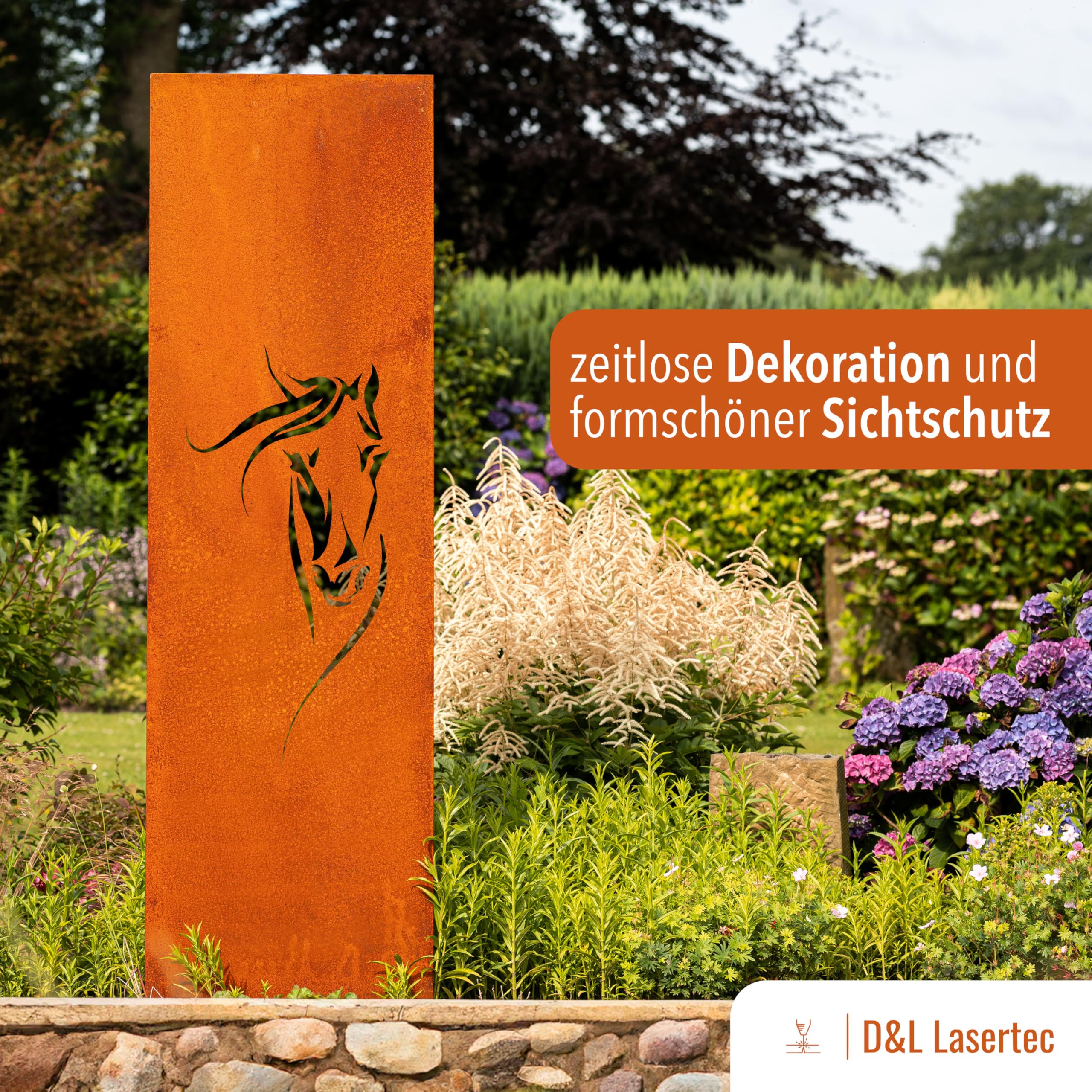 D&L Lasertec Edelrost Garten Sichtschutz, Wand, Rost, Sichtschutzwand Metall 160x50 cm, Pferd, Pferdekopf, Gartendeko, Deko, Schild, Stellwa