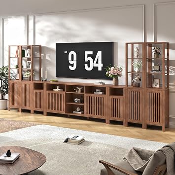 Farmhouse Entertainment Center with Bookshelves for TVs up to 100 Inch, Wood TV Stand with Bookcases, Adjustable Shelves & Storage Cabinets, Media Console with Cable Management for Living Room, Brown