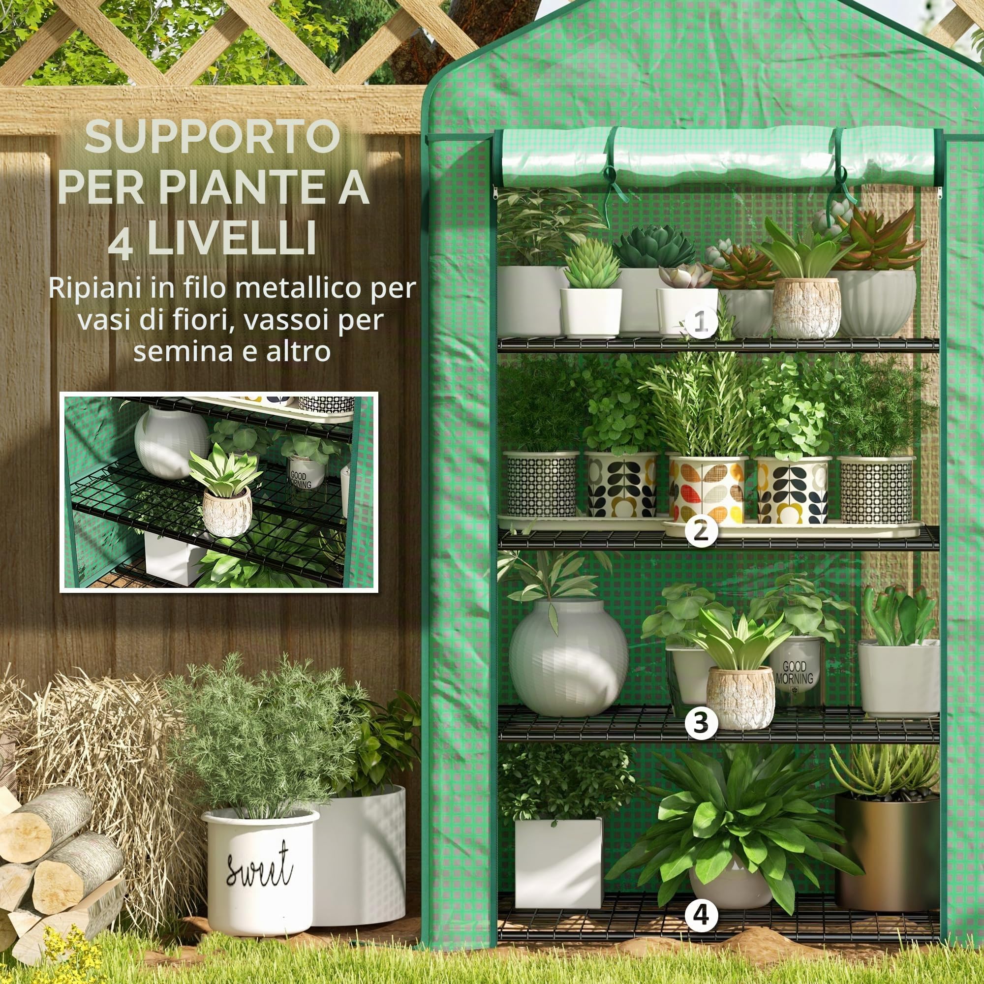 Outsunny Mini serra allargata a 4 ripiani, copertura PE rinforzata, Verde | Serra portatile, porta a cerniera, ripiani in metallo, interno/esterno, 90x49x160cm