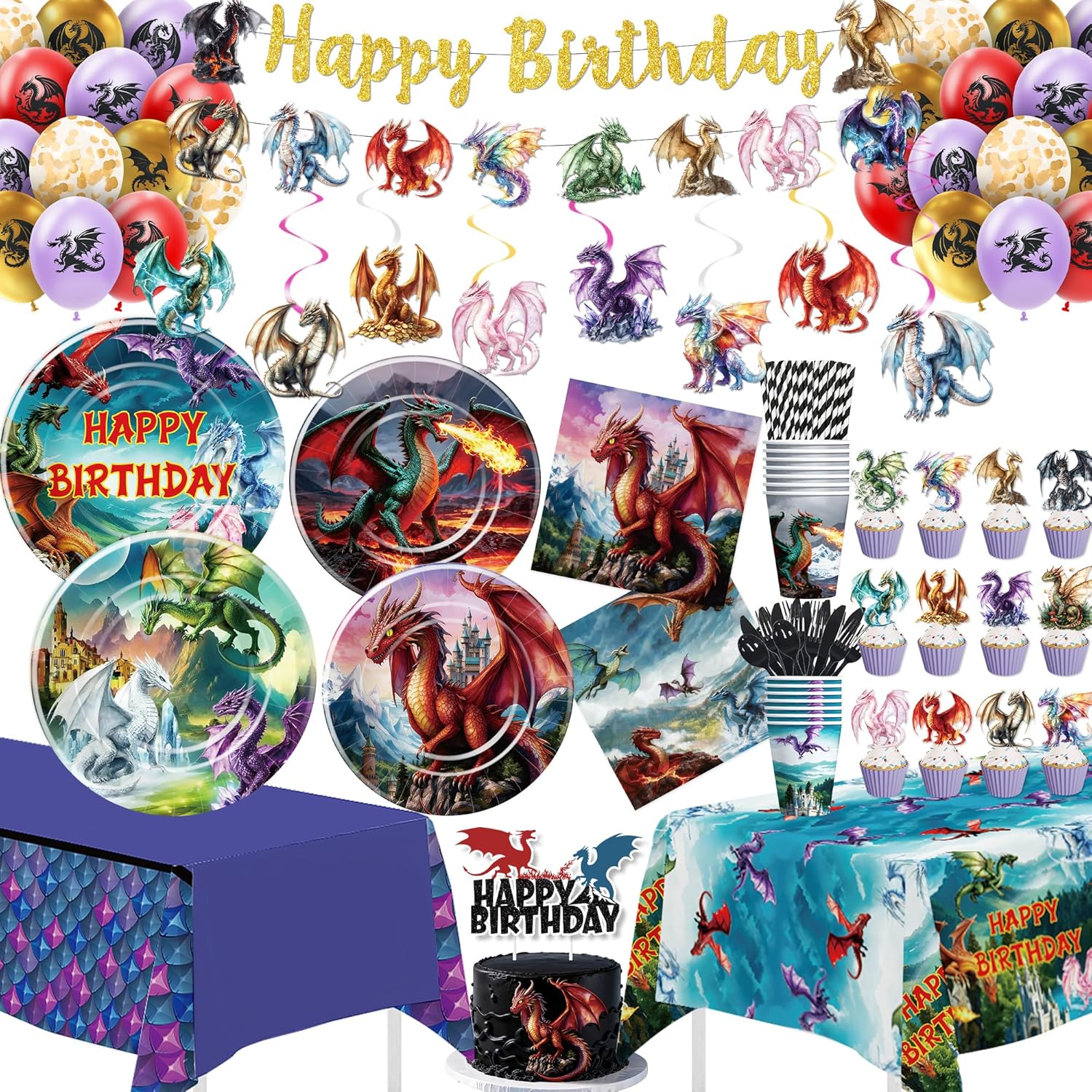 Dragon Birthday Party Decorations, Magical Fantasy World Flying Dragon Party Supplies, Plate, Cup, Cutlery, Napkin, Tablecloth, Banner, Swirls, Cake Topper, Balloon, Cutlery, Straw, Serve 24