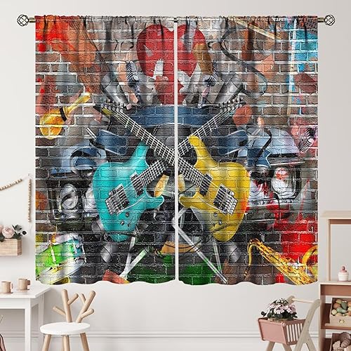 Miniatura 50 de Cortinas de notas musicales, rústicas, mágicas, notas musicales, arte retro, piano y violín, cortina con bolsillo para barra para dormitorio, sala