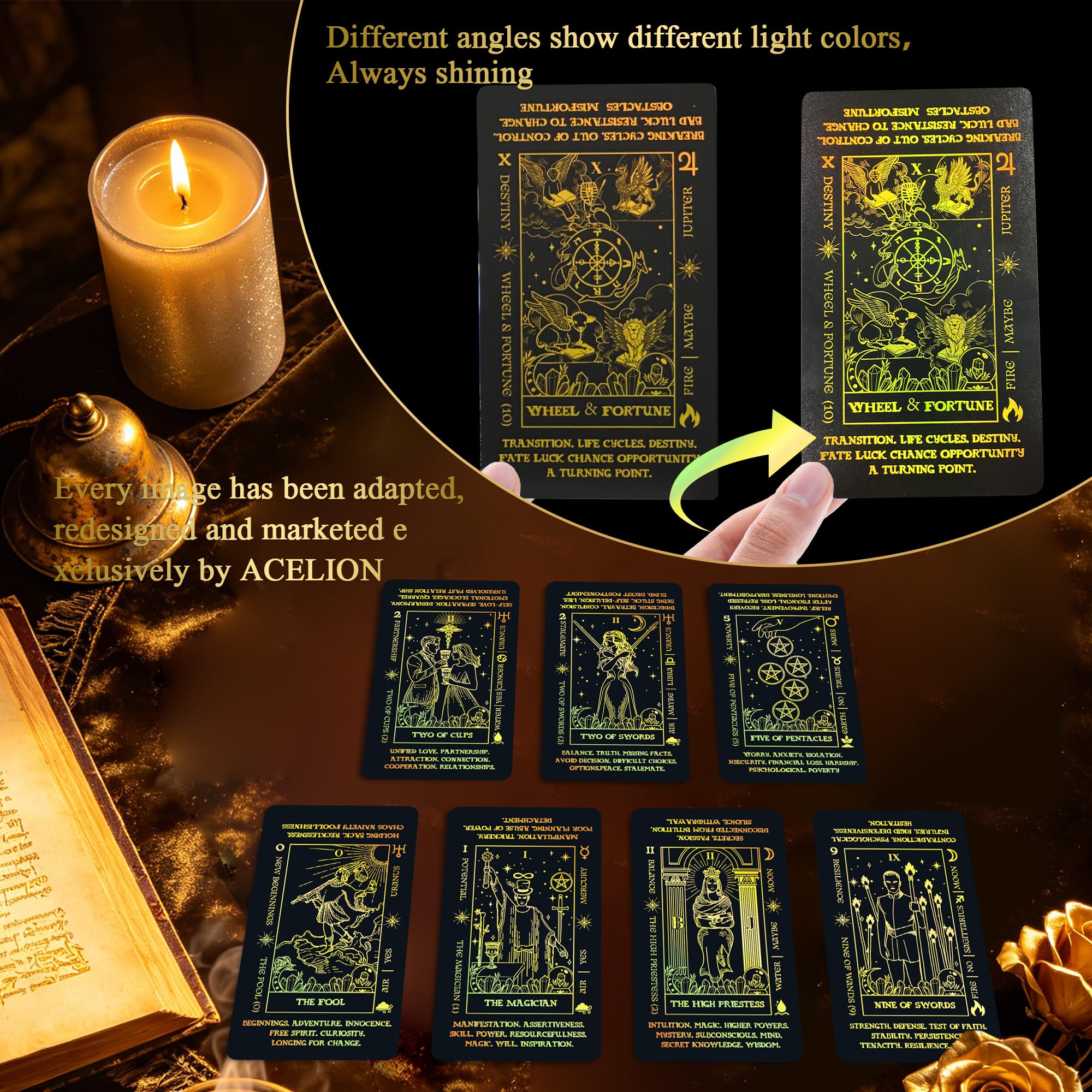 WJPC Tarotkarten mit schwarzem Goldrand, ohne Leitfaden, Set Tarotdeck-Karten mit Bedeutungen auf ihnen (Schwarzgold)