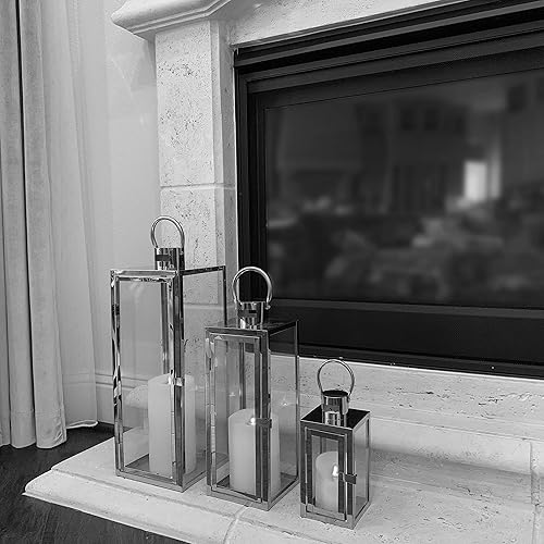 Miniatura 4 de allgala - Juego de 3 faroles extra grandes modernos y lujosos para interiores y exteriores, con estructura revestida en cromo y cristal templado