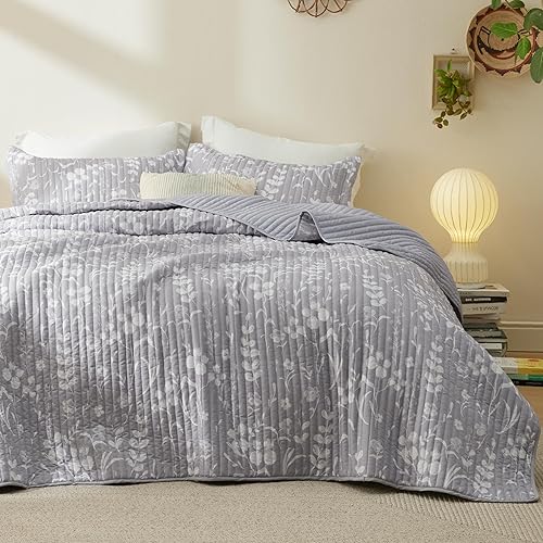 Bedsure - Colcha floral tamaño Queen, ropa de cama reversible con estampado botánico gris escarcha, colcha ligera, colcha de microfibra suave para
