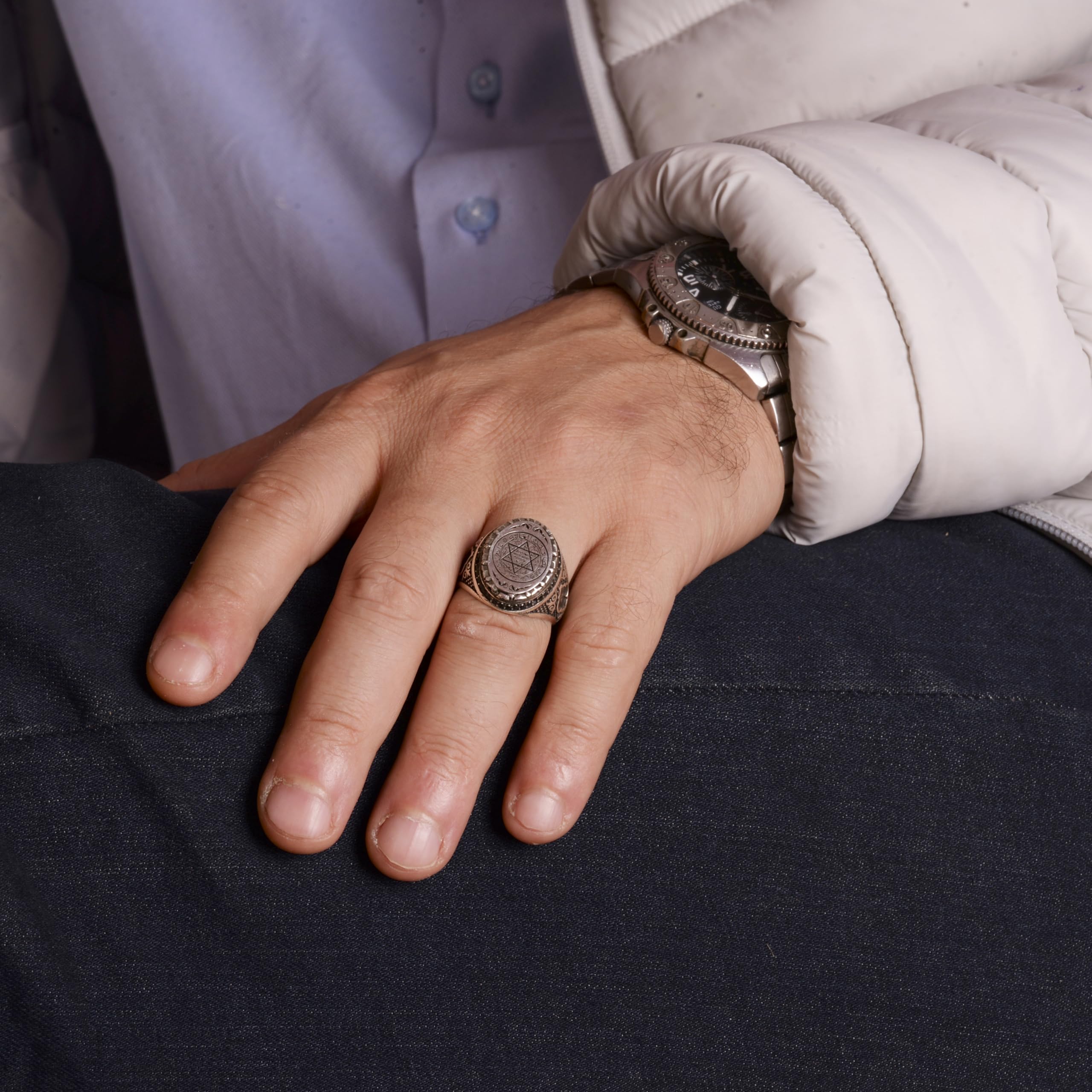 KAMBO Anillo islámico de plata de ley para hombre, sello grabado con sello de Salomón, anillo grande vintage hecho a mano, piedra preciosa de plata, ónix