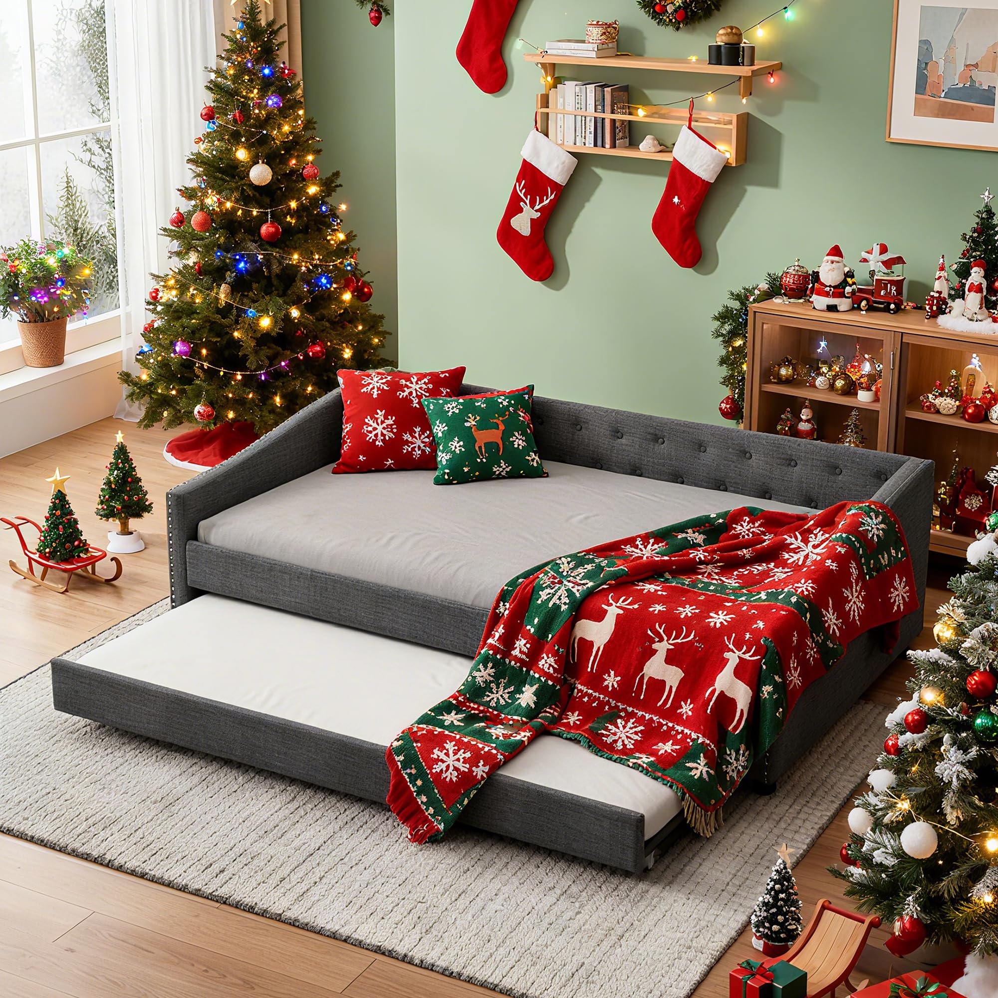 Full Size Upholstered Daybed with Trundle,Tufted Sofa Bed w/Button on Back and Piping on Waved Shape Arms for Bedroom Guest Room, No Box Spring Needed,Dark Grey