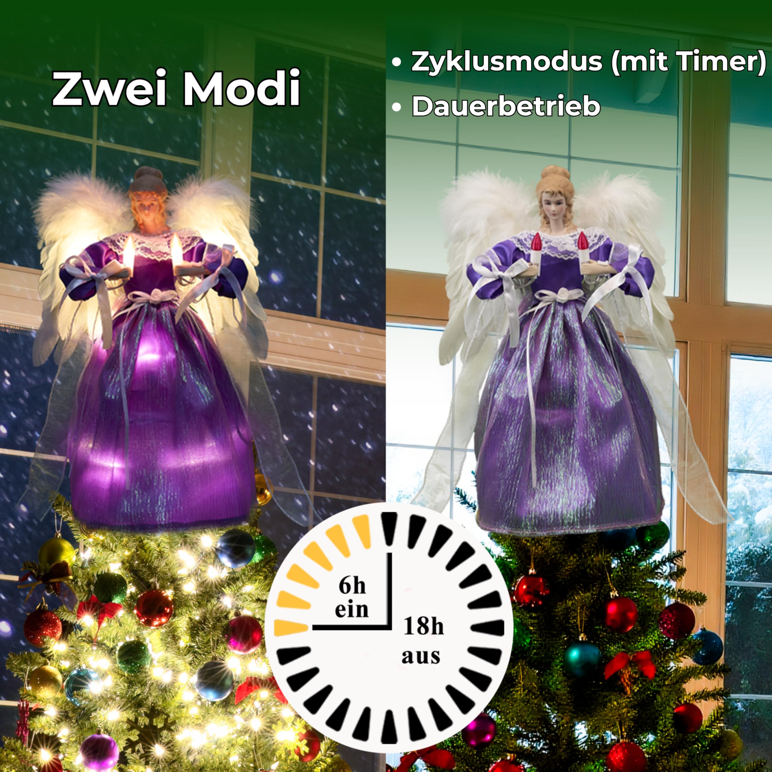 Christbaumspitze Engel mit automatisch schlagenden Flügeln – Weihnachtsbaumspitze beleuchtet in Lila, 30 cm, mit Hellen LEDs & separat steuerbaren Flügeln, 6 Std. EIN / 18 Std. Aus