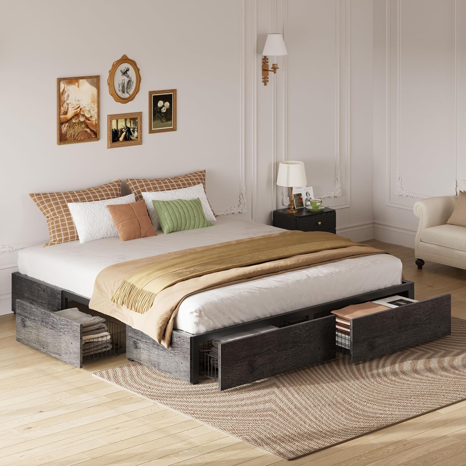 LIKIMIO King Bed Frame with Storage, 4 Drawers and Heavy Strong Metal Support Frames, Solid Stable, Noise-Free, No Box Spring Needed, Easy Assembly, Charcoal Grey