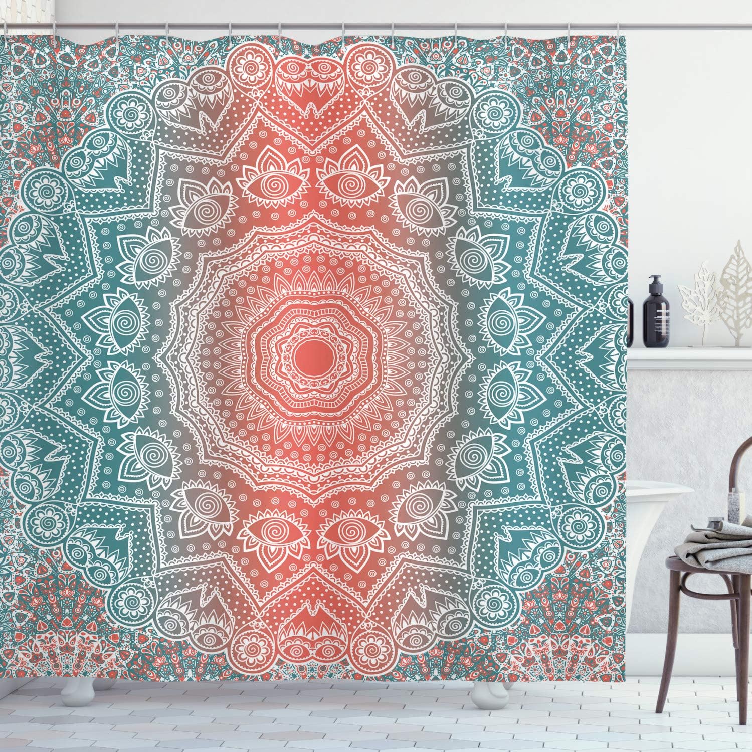 Ambesonne Coral and Teal Shower Curtain, Modern Tribal Mandala Tibetan Healing Motif with Floral Geometric Ombre Art, Cloth Fabric Bathroom Decor Set with Hooks, 69" W x 70" L, Coral Teal