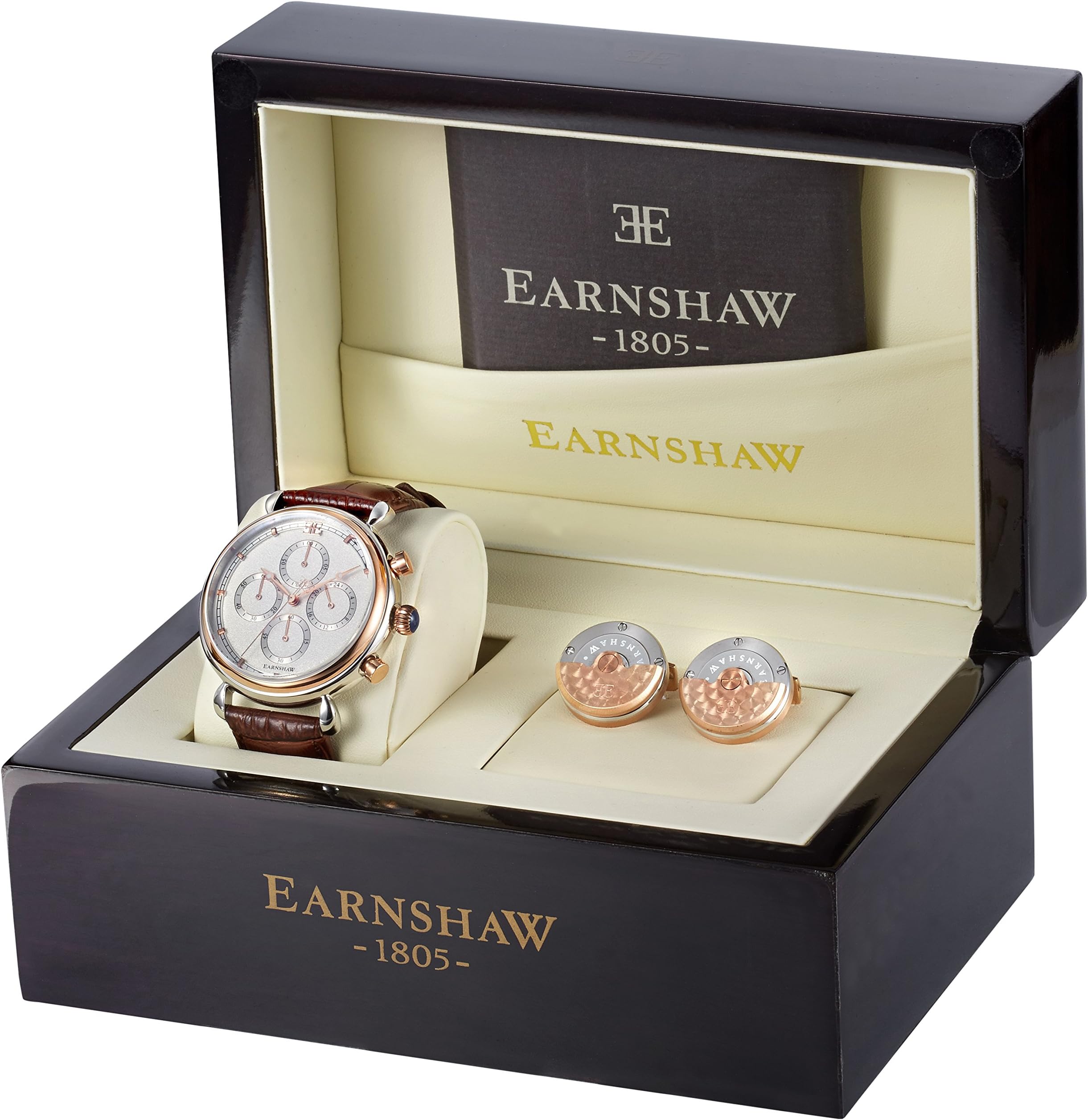Thomas Earnshaw Men's Quartz Watch and Cufflink Set with White Dial Analogue Display and Brown Leather Strap Earnshaw Watch and Cufflink Set (TE-SET1)