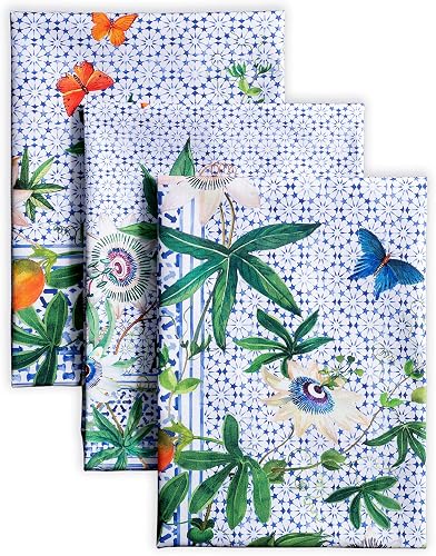 Maison d' Hermine Kitchen Towels Set of 3 100% Cotton 27.50" x 20" Reusable Cloth Tea Dish Towels Absorbent with Hanging Loop for Kitchen, Home, Dining, Cocktail Parties Spring/Summer (Passiflora)