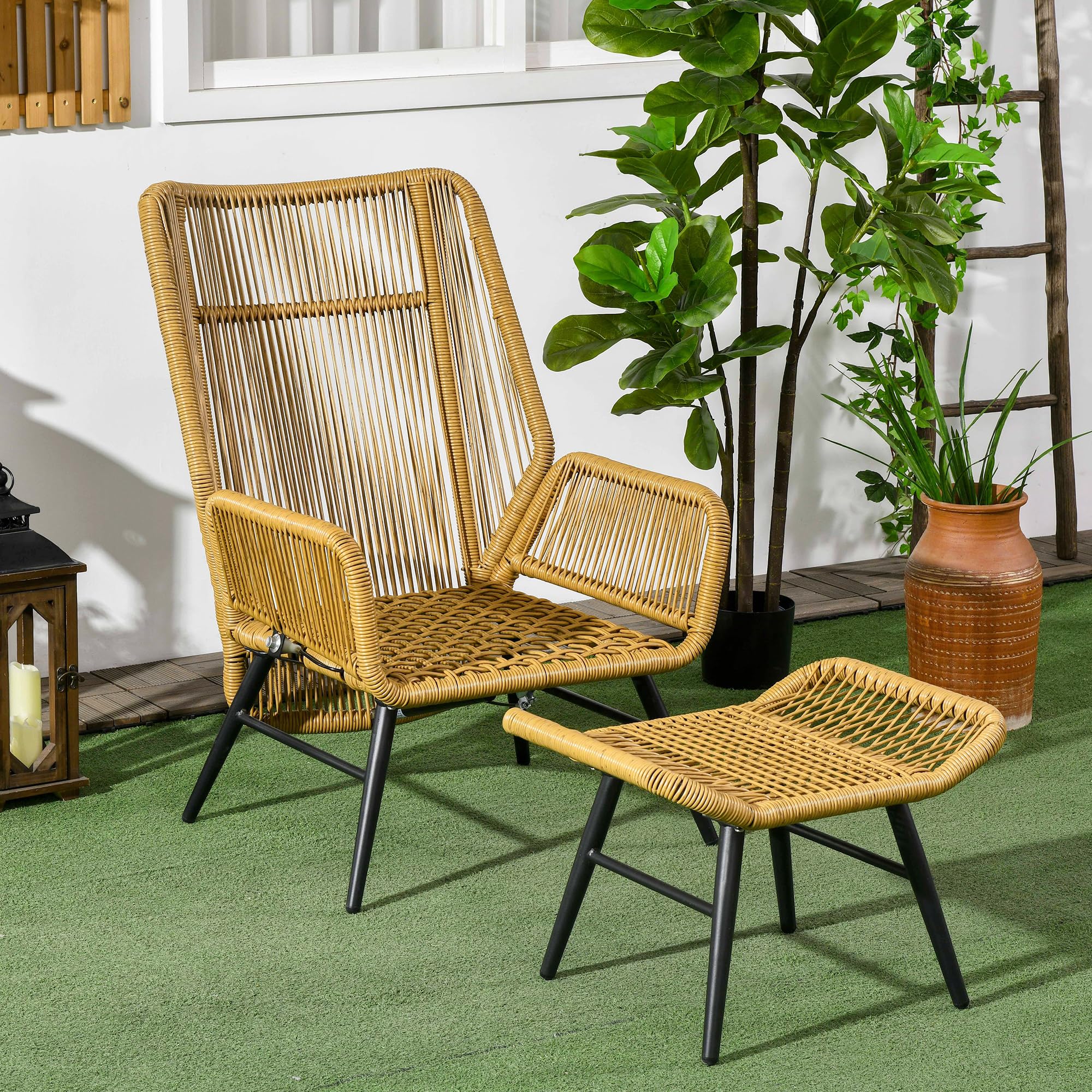 Outsunny Rattan fotel relaksacyjny z podnóżkiem, fotel ogrodowy z regulowanym oparciem, krzesło rattanowe z poduszką, do ogrodu, na balkon, stal, poliester, naturalny