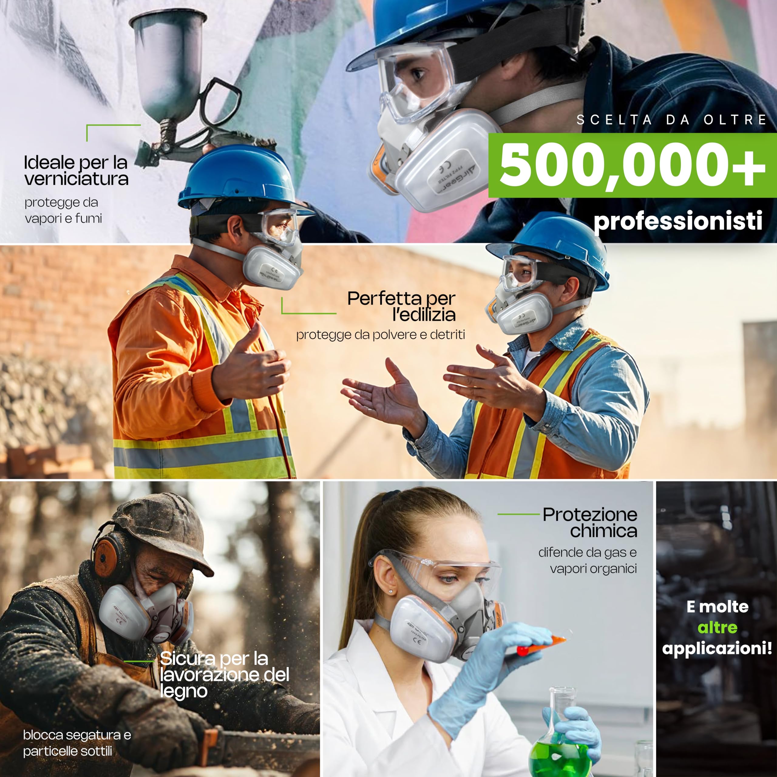 AirGearPro G-500 Maschera di protezione respiratoria riutilizzabile, anti-polvere, anti-gas, con filtri e occhiali di protezione per pittura, lavoro, fai da te, levigatura