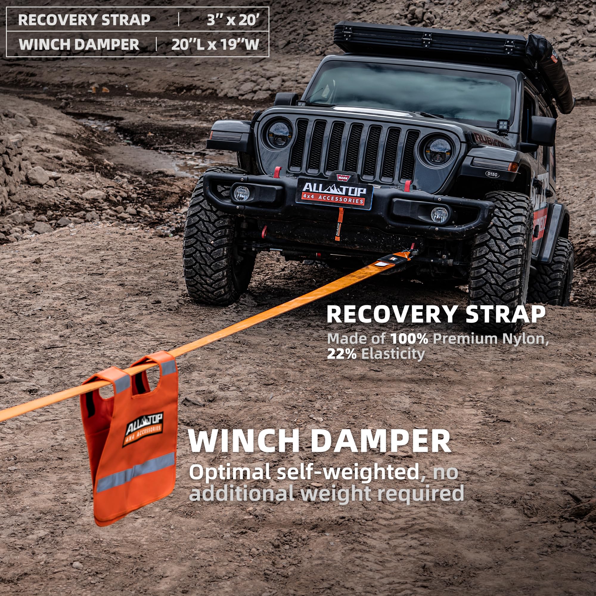 ALL-TOP Recovery Pack Extreme 11in1: Water-Resist Offroad Gear Bag with Recovery Strap Kit(3), Damper, 2 Soft Shackles, SK Hitch Mount, Forged Pulley, Deflator & Gloves