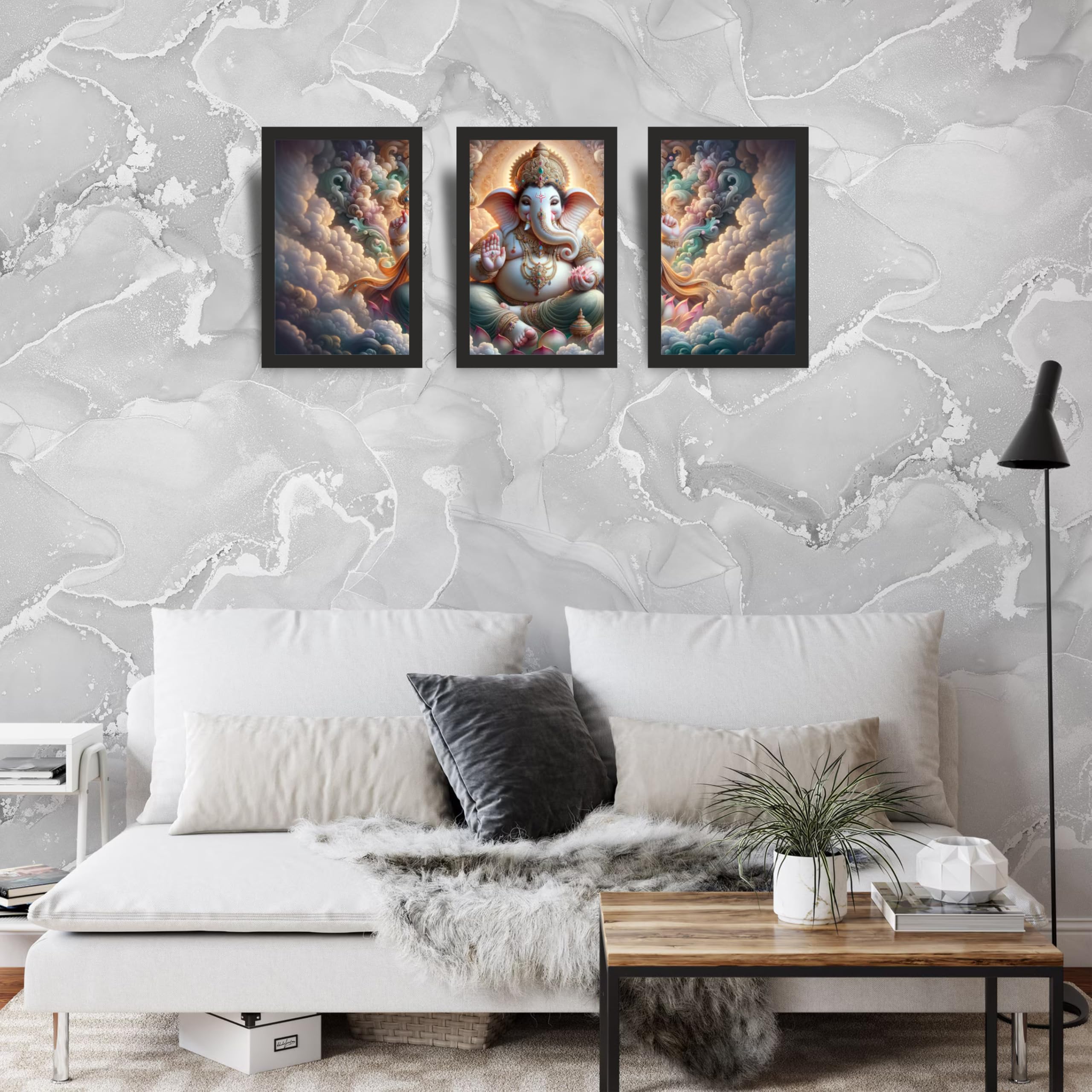 Lord Ganesha Divine Clouds Wall Art Set of 3