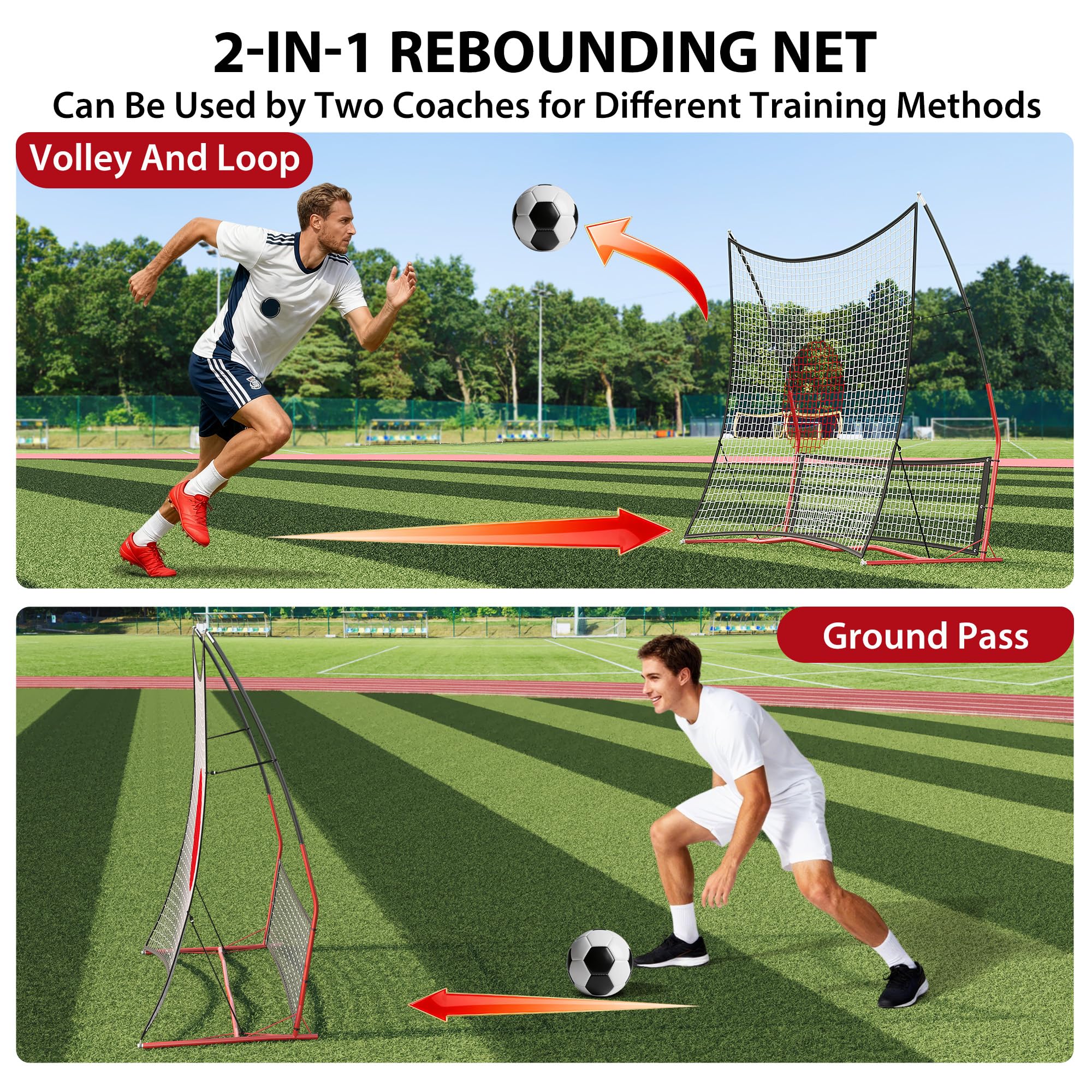 Rete da calcio rebounder 2-in-1 regolabile - Doppia superficie per allenamento passaggi e tiri - Ideale per pratica individuale e di squadra - Utilizzo indoor e outdoor - Include borsa