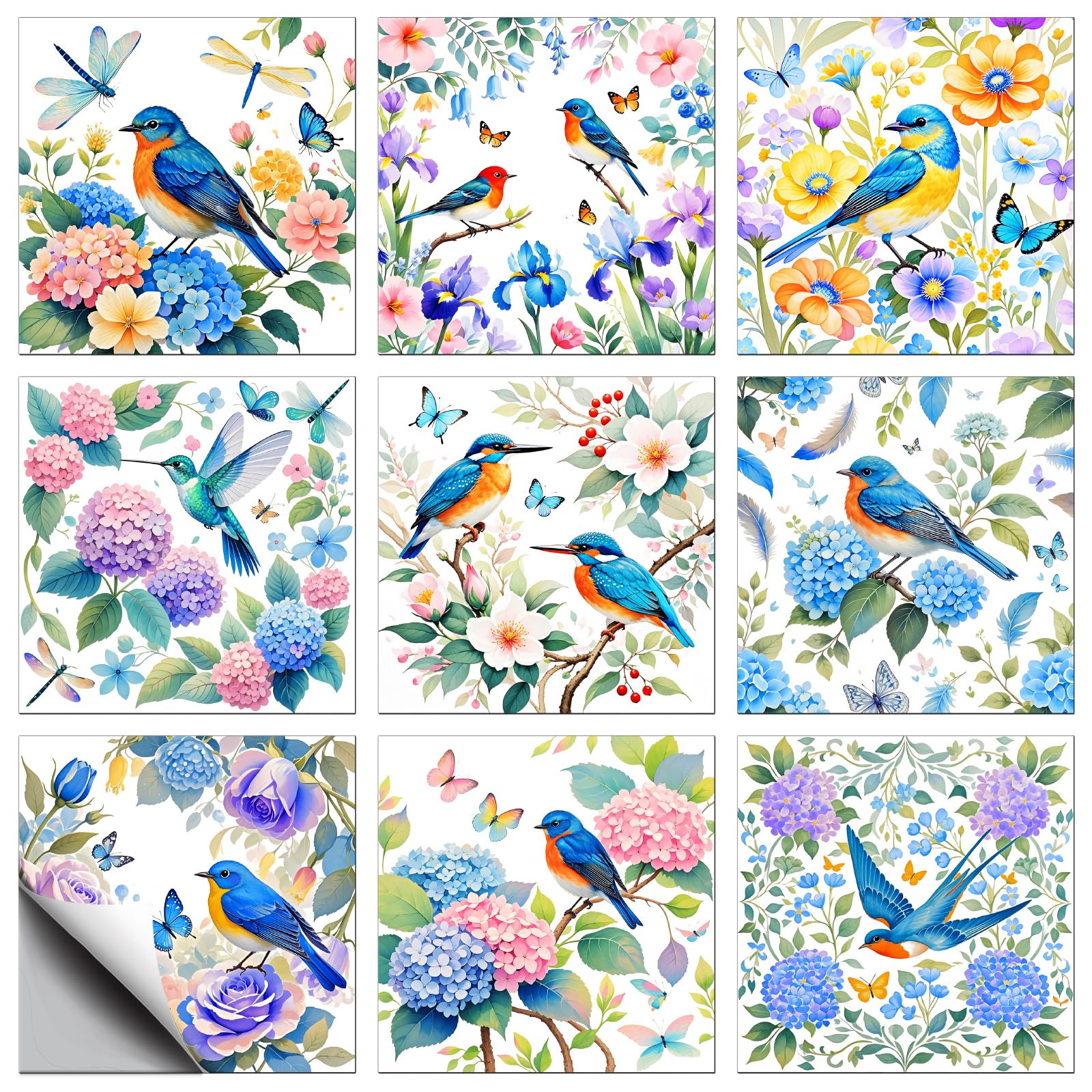 CONCHLERY 36 Pcs 9 Styles Blue Flowers Birds Hydrangeas Butterflies Pattern Peel and Stick Tile Stickers, for Kitchen Bathroom Home Wall Art Decor 4x4 Inch