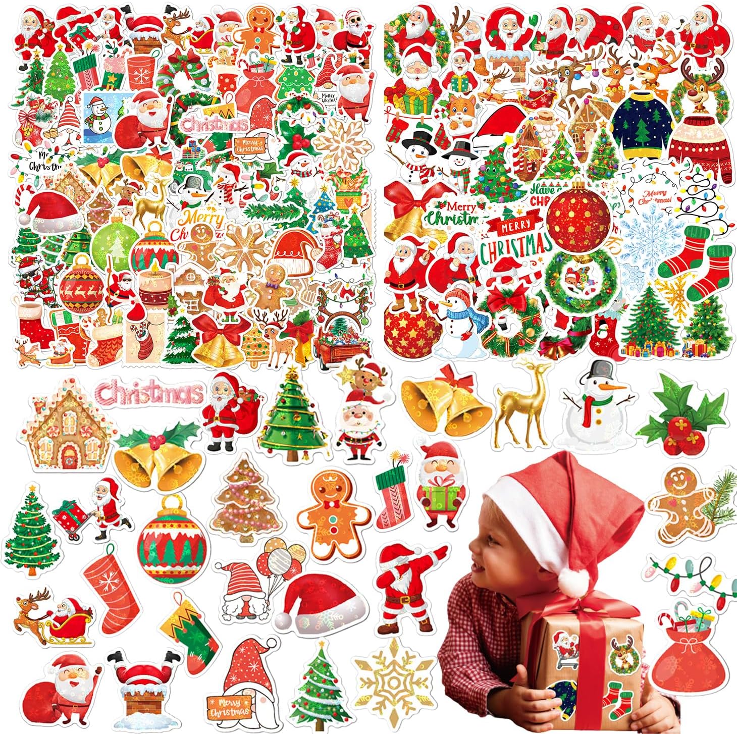 150 Pcs 2024 Christmas Stickers Christmas Decorations Christmas Party Favors Vinyl Waterproof Stickers for Laptop Water Bottles Envelopes Gifts Tags Crafts Windows Snowboard, Holiday Stickers for Kids