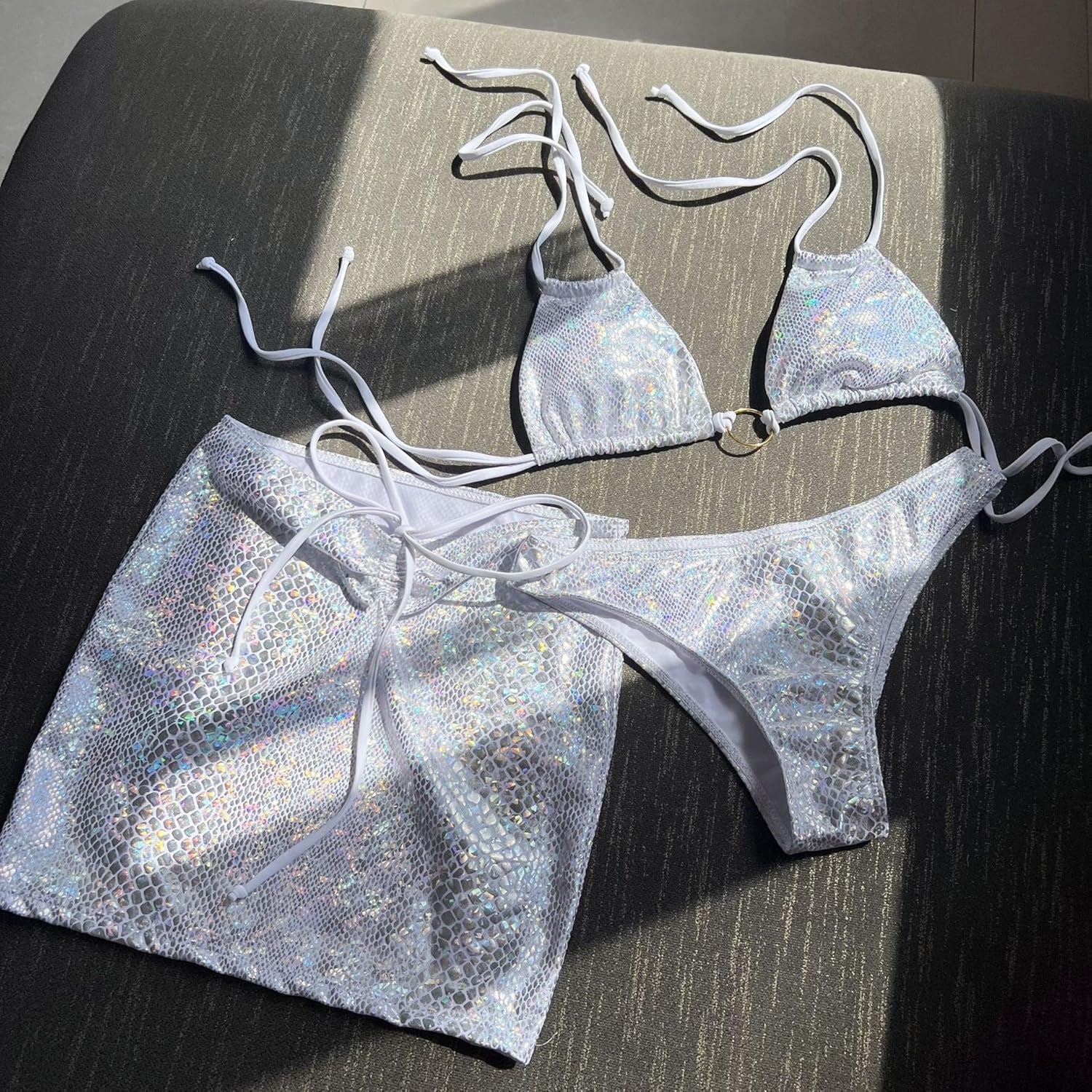 Women's 3 Piece Snakeskin Print Metallic Bikini Sexy Halter Backless Swimsuit Festival Outfit with Drawstring Mini Skirt - Image 2