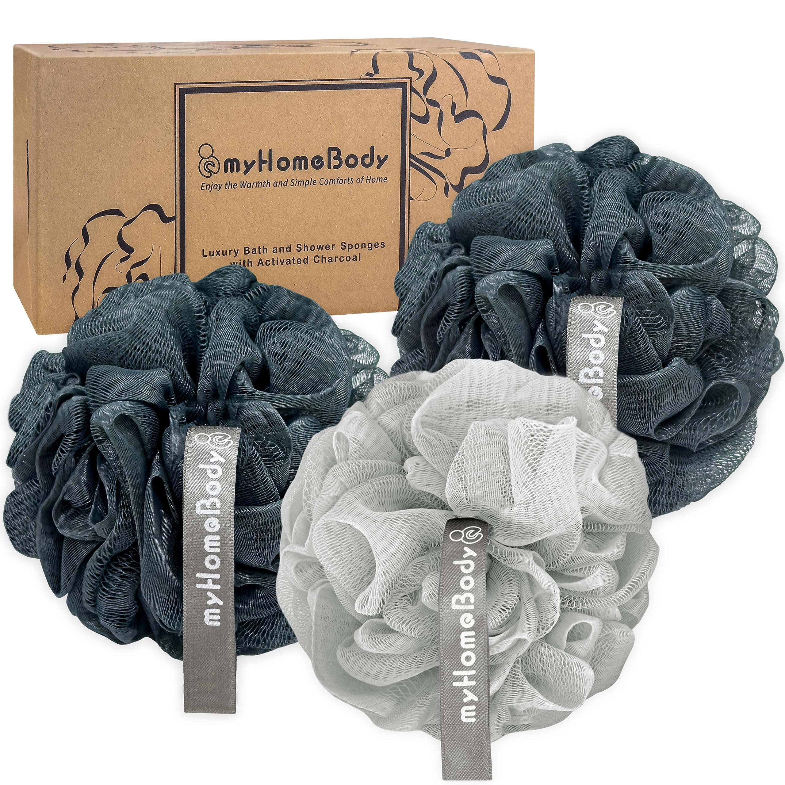 Myhomebody Spugna Di Luffa Da 60 G, Scrubber Per Il Corpo, Spugna Da Bagno, Spugna Esfoliante - Pouf Doccia Con Carbone Attivo - 2 Midnight Blue + 1 Fog Gray, Confezione Da 3 Pz-image