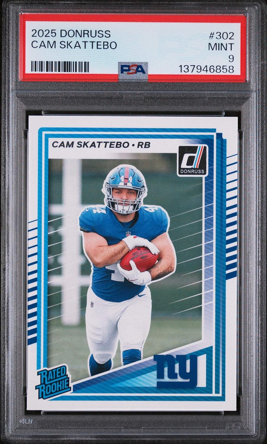 Graded 2025 Panini Donruss Cam Skattebo #302 Rookie RC Football Card PSA 9 Mint