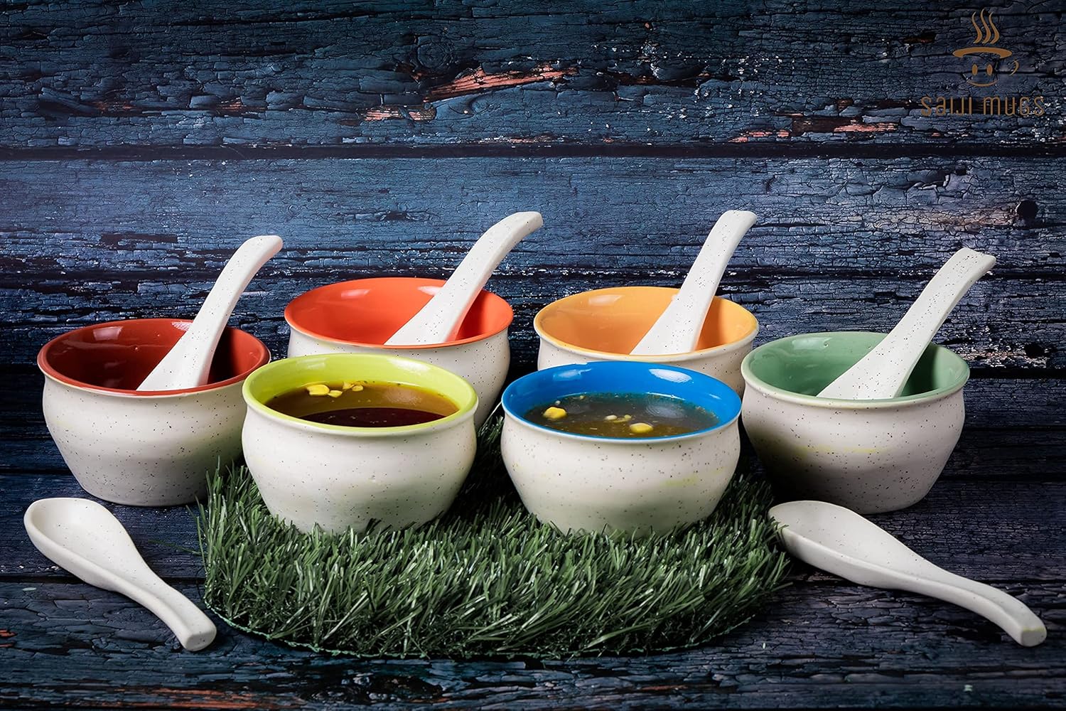 Saiji Mugs Multi Color Soup Bowl (Set of 6) Handmade Ceramic Handled