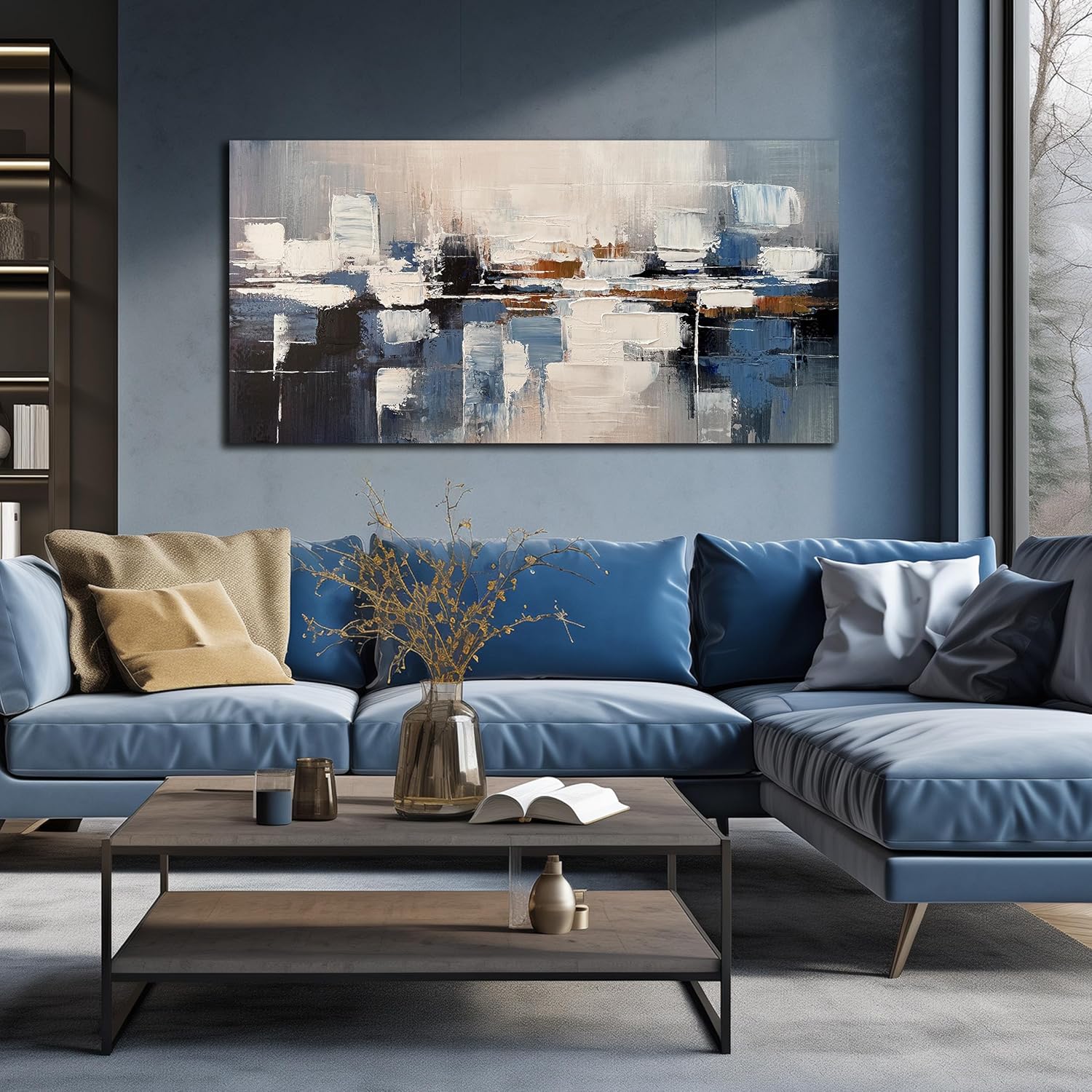 AUUZAIUA Abstract Wall Art for Living Room Blue and White Oil Painting Textured Pictures Modern Artwork for Bedroom Office Ready to Hang 24x48 Inch