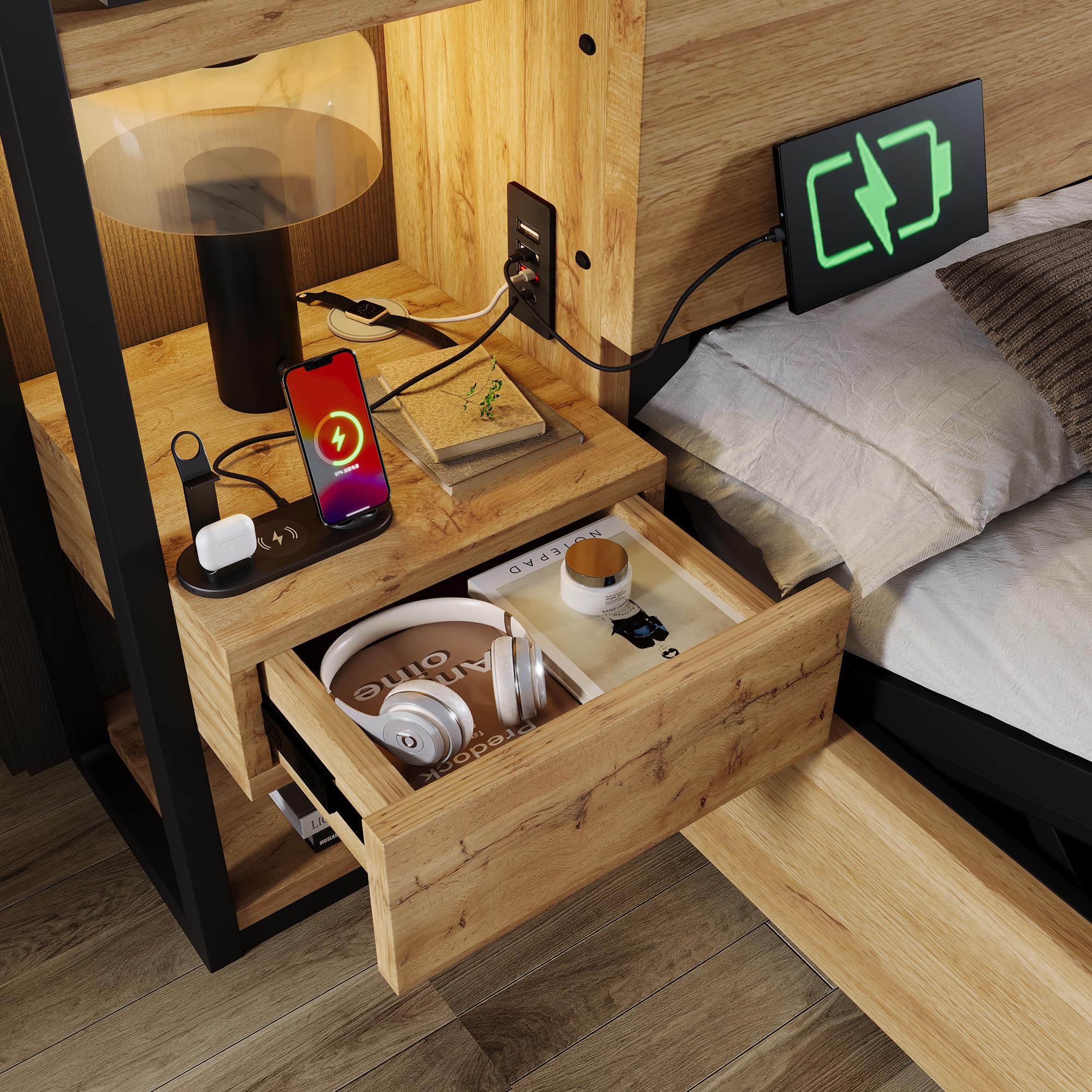 Cama 180x200 cm Camas Matrimoniales con Cajón y Almacenamiento Hidráulico, Cama Matrimonio con Carga USB y Estante Almacenaje, Estructura Camas Doble con Lamas Madera, Sin Colchón, Color Roble