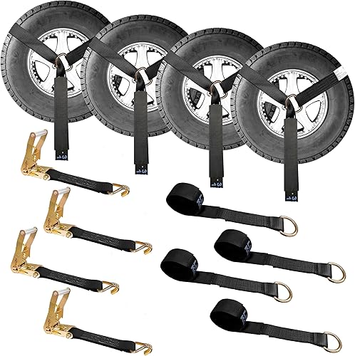 Mega Cargo Control Juego de 4 correas de lazo de anillo D de elevación de rueda de 2 pulgadas x 10 pies con (4) trinquetes de 2 pulgadas, (4)