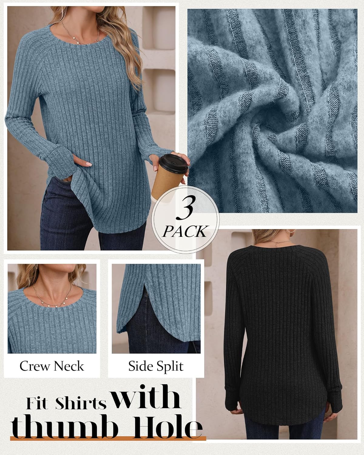 Riyiper 3 Pack Women's Long Sleeve Sweaters with Thumb Hole, Tunic Tops Ribbed Curved Hem Side Split Crew Neck Loose Shirts - Image 4