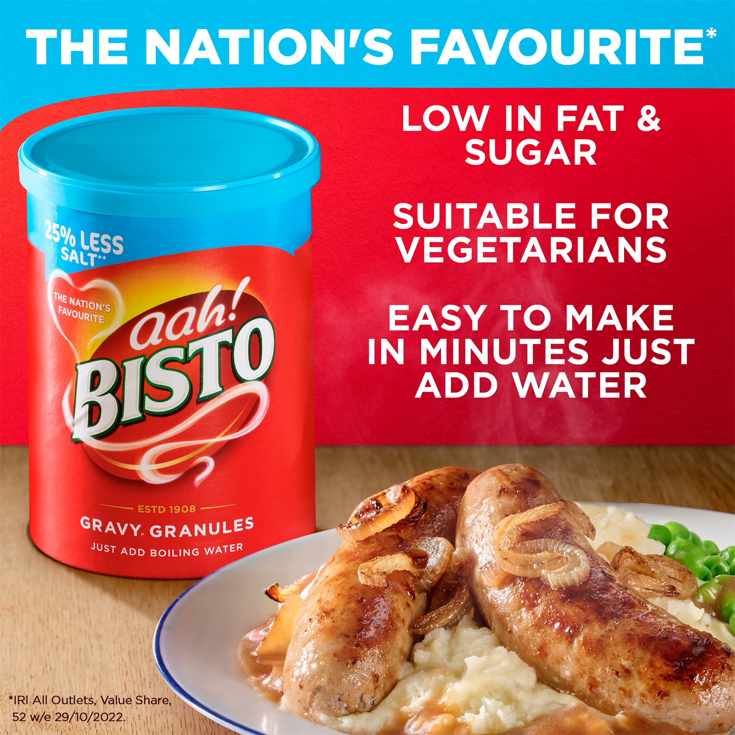 Bisto Gránulos de salsa de sal reducida sabrosos y deliciosos para comidas familiares abundantes, tambor de 350 g (paquete de 1)