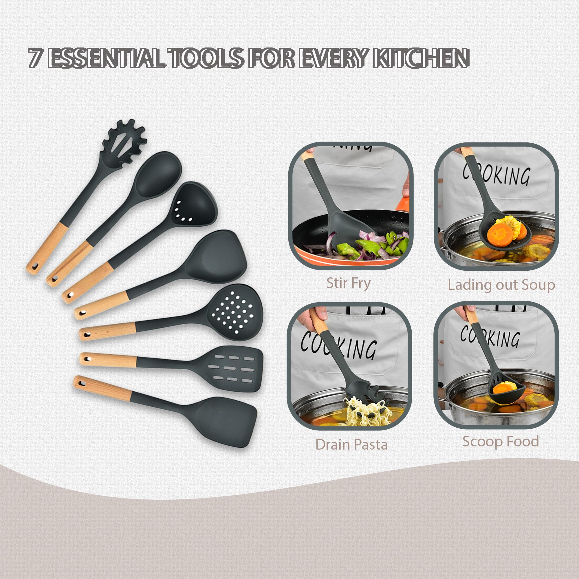 Juego de 7 utensilios de cocina con mango de madera, cabeza de silicona antiarañazos + nailon resistente al calor (cuchara ranurada, cuchara sólida, colador para pasta, espátula) para utensilios de