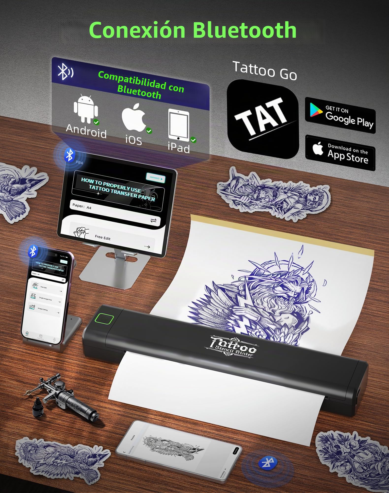 Termocopiadora Tattoo, P84 Impresora Termica Tattoo, Dispositivo Tattoo Transferencia Estarcido Portátil para Principiantes con Papel, Compatible con Android & iOS