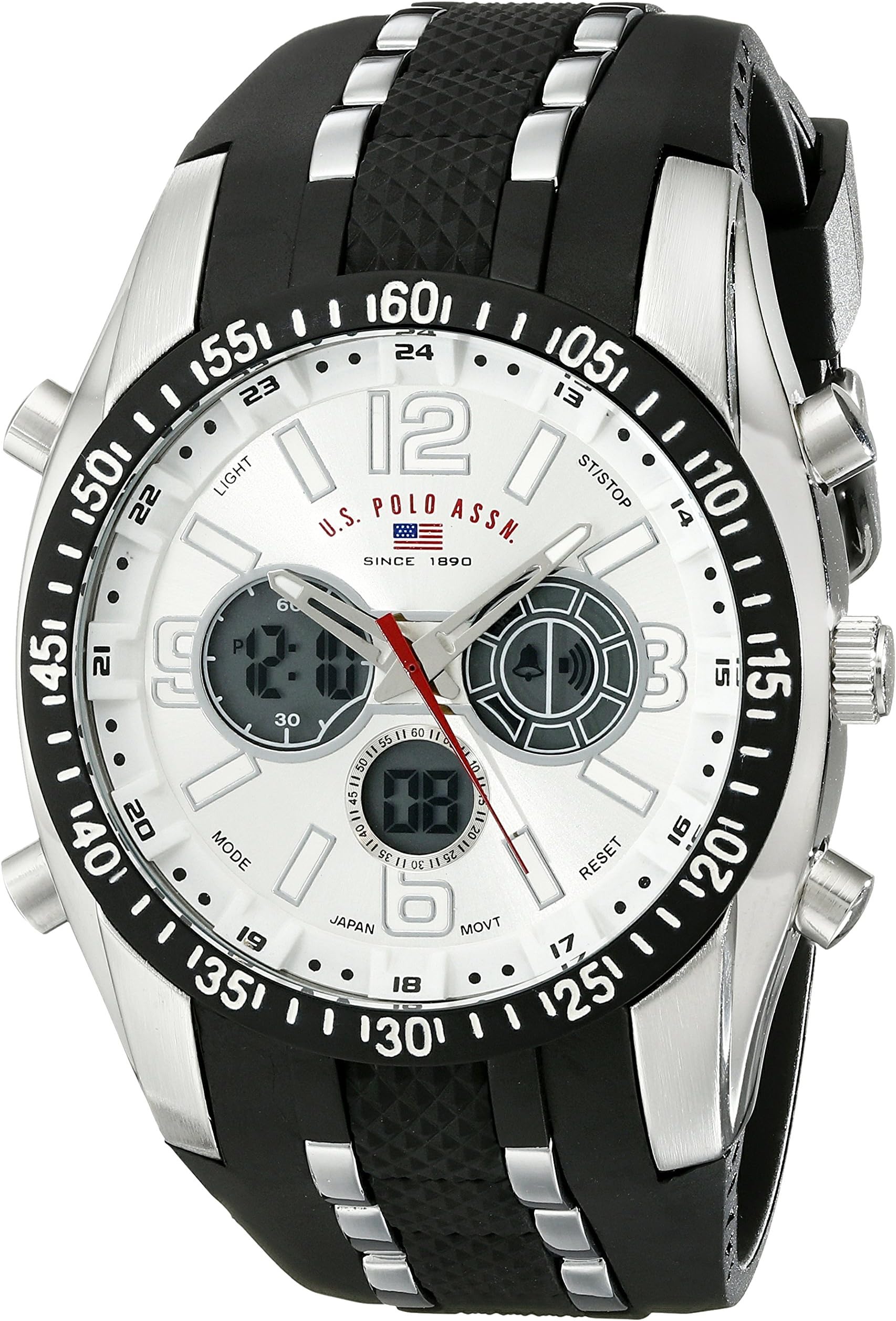 U.S. Polo Assn. Men's Sport Watch with Analog-Digital Display, Timer Alarm Day Date Backlight, Black Silicone Strap, 45mm Case, Fits Wrists 6.5" to 8.5"