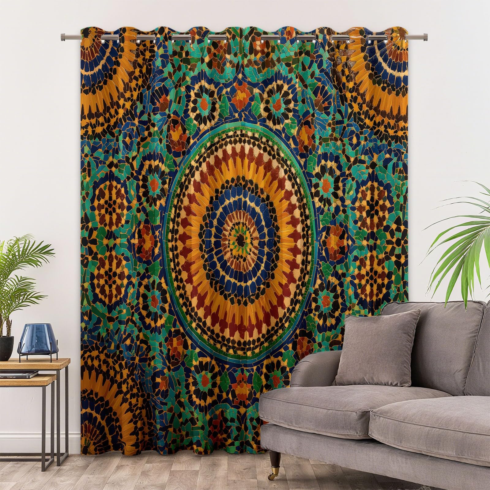 Zestaw 2 termicznych zasłon zaciemniających z poliestru, z oczkami, 280 x 260 cm, vintage, etniczny nadruk kołowy, do salonu, sypialni, pokoju dziecięcego, zielone, zestaw 2 sztuk