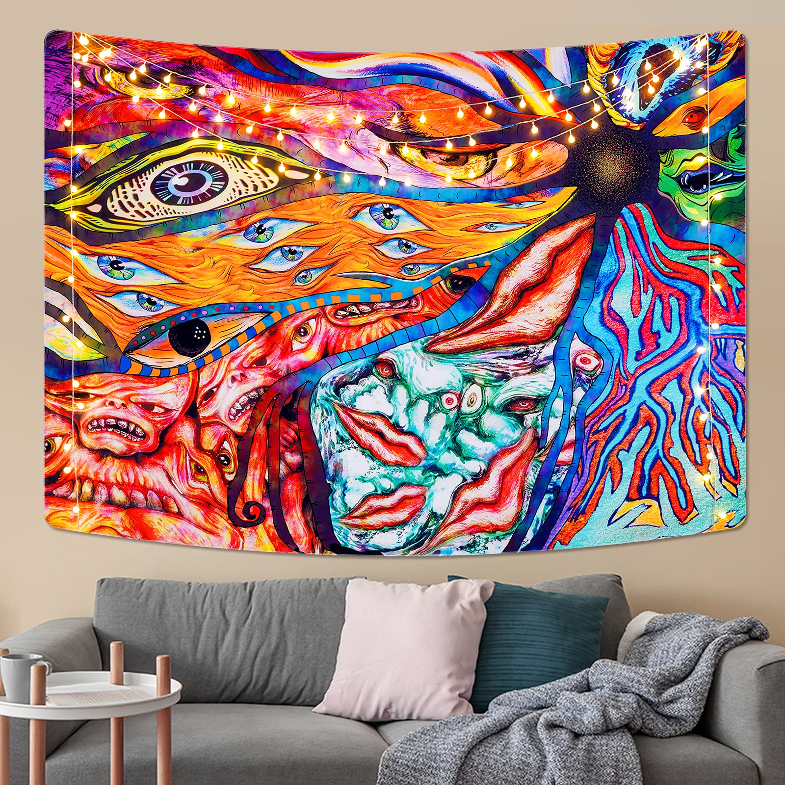 Psychedelic Tree Tapestry Hippie Weird Face Tapestry Trippy Mouth and Eyes Tapestry Mystic Monster Tapestry Abstract Colorful Tapestry Wall Hanging for Room(51.2 x 59.1 inches)