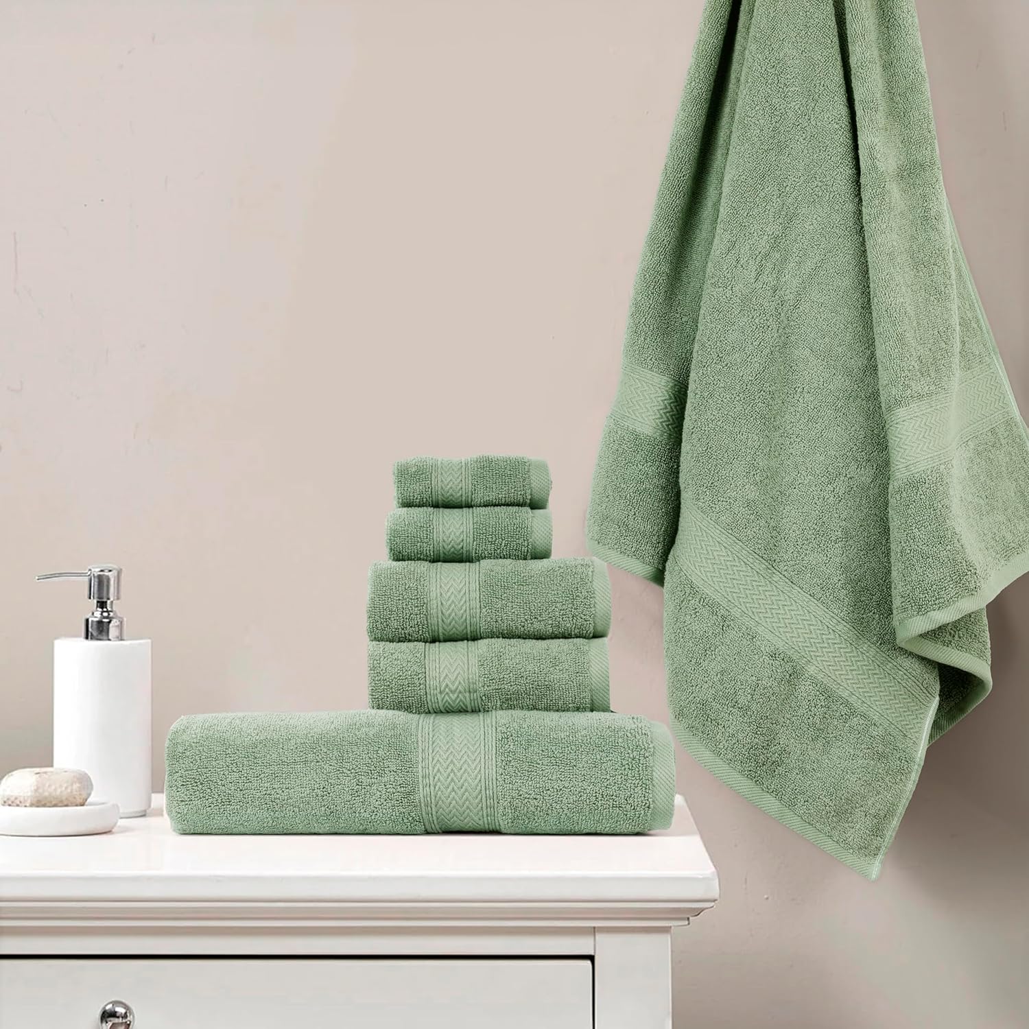 HILLFAIR Premium 600 GSM 6 Piece Towel Set- 2 Bath Towels, 2 Hand Towels & 2 Washcloths, Machine Washable, Hotel Quality, Super Soft & Highly Absorbent Cotton Towel: Sage - Image 3