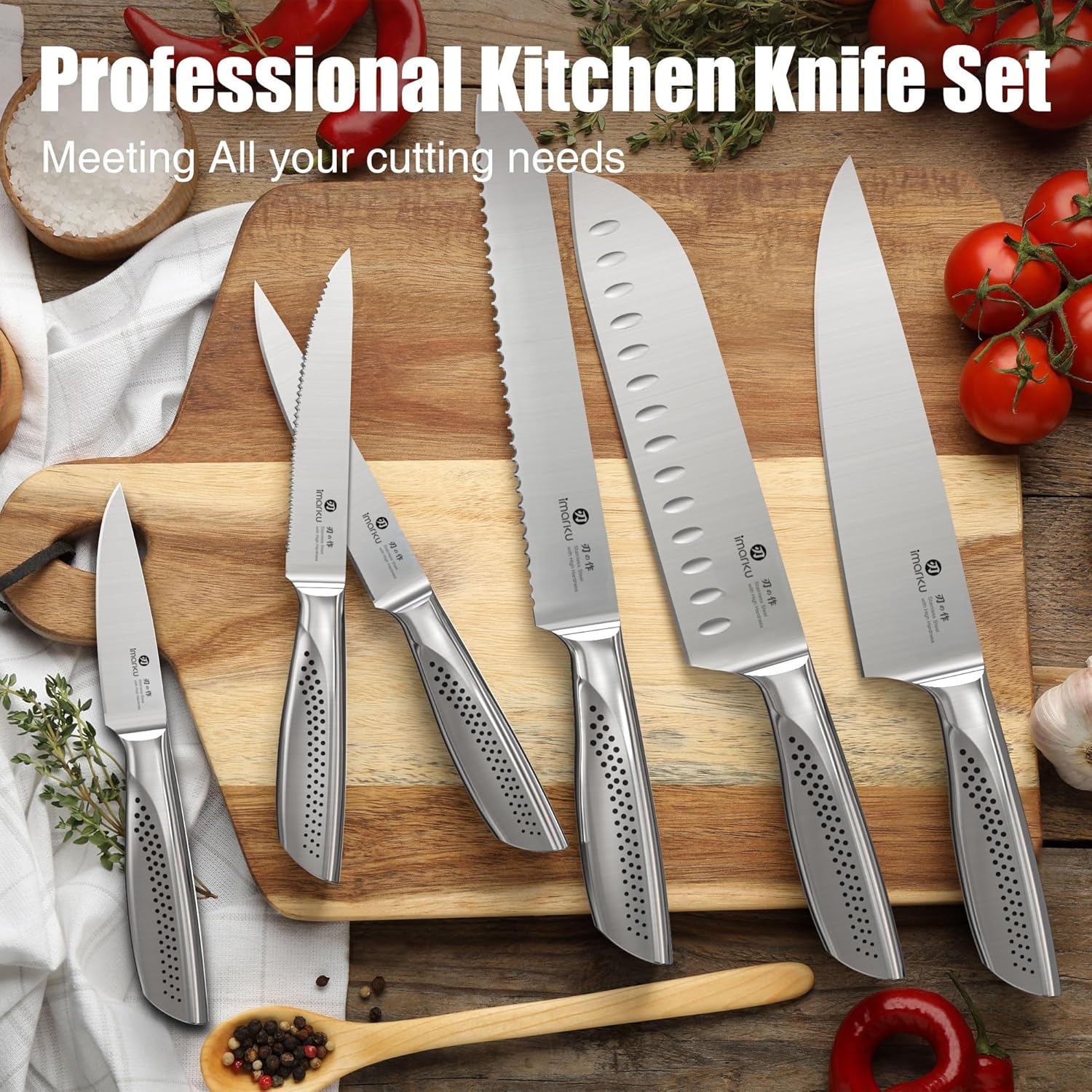 imarku® Knife Set, Japanese HC Stainless Steel 15 PCS Kitchen Knife Set With Block With Built-in Sharpener, Razor-Sharp Blade Knife Block Set With Dotted Ergomomic Handle, Best Birthday Gifts, White - Image 8