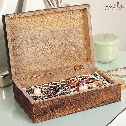 Miniatura 6 de Mela Artisans Caja de madera tallada de mango festoneada con tapa, caja mediana quemada extra grande, caja decorativa hecha a mano con tapa para uso