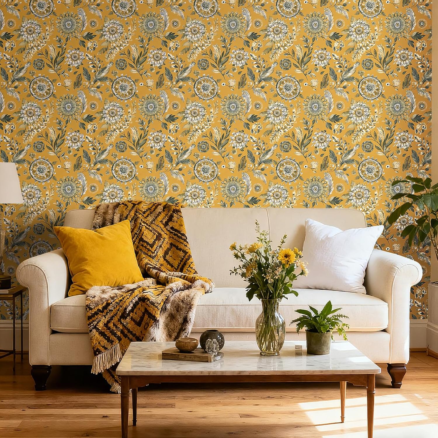 Stickyart Mustard Yellow Boho Floral Wallpaper Peel and Stick Vintage Eclectic Floral Mandala Contact Paper Removable Cottage Core Botanical Wall Paper Decorative for Cabinets Entryway 17.5"x80"