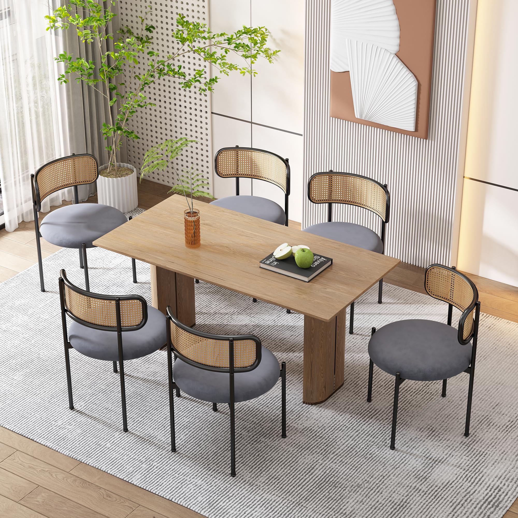 Lot De 4 Chaises Merax - Dossier Rotin, Assise PU Rembourrée - Cadre Métal Beige - Pour Salle à Manger Ou Terrasse