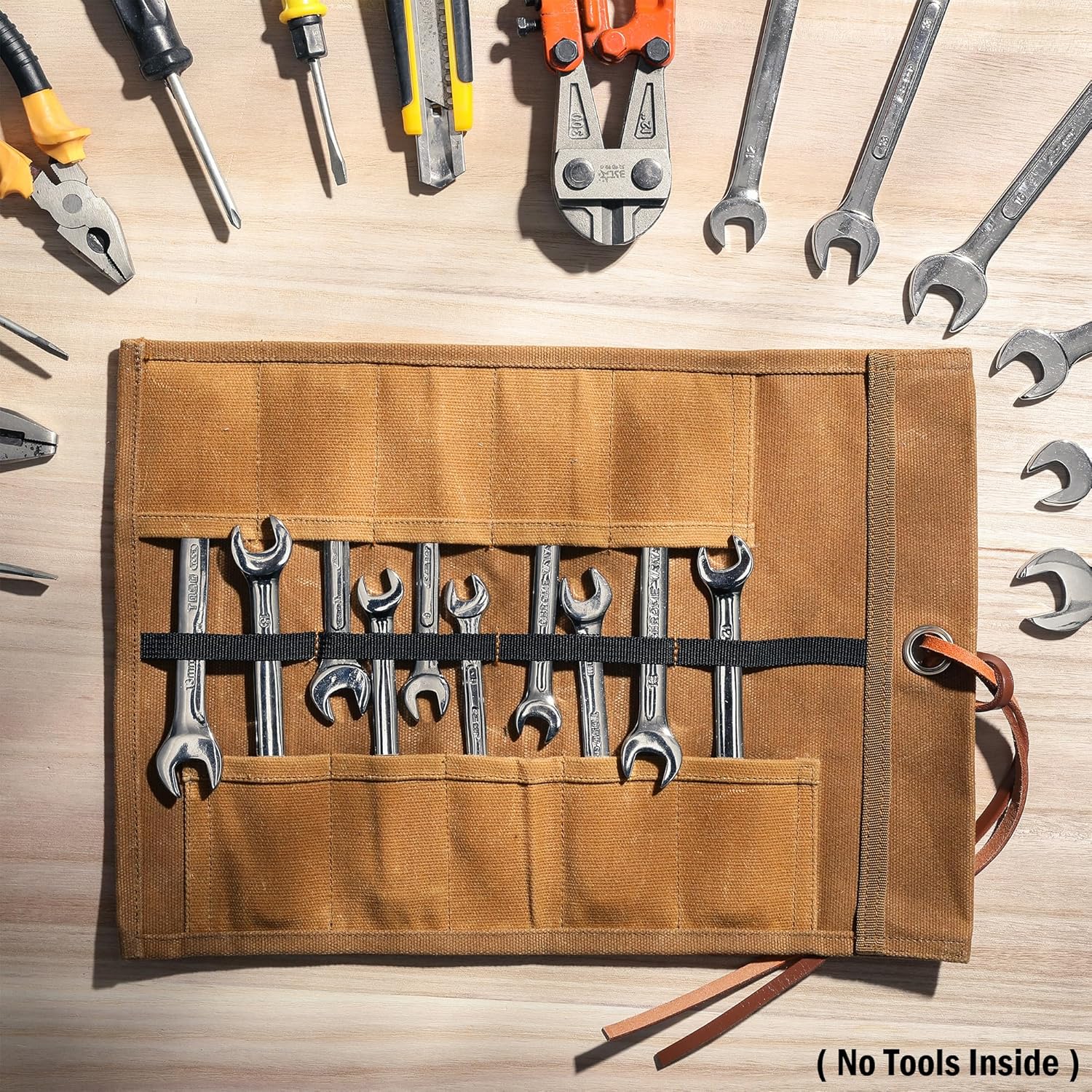 Canvas Tool Bag, Small Tool Carrier Roll - 10 Slots & 1 Tie Rope, Heavy Duty 16oz Waxed Canvas Storage Roll Up Bag - Khaki