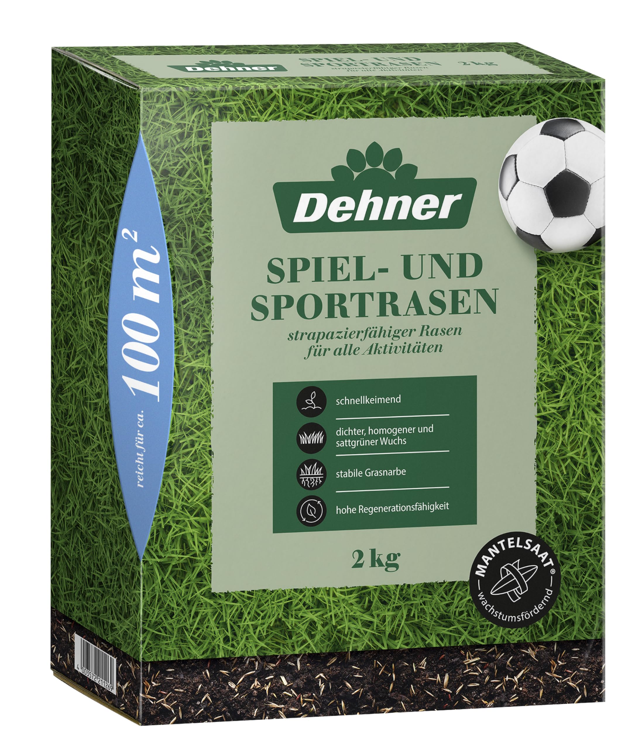 Dehner Saatgut Spielrasen/Sportrasen, hochwertige Rasensamen für strapazierfähigen/dichten Rasen, schnell keimend/pflegeleicht, ideal für Familiengärten & Spielflächen, 2 kg für ca. 100 m² Garten