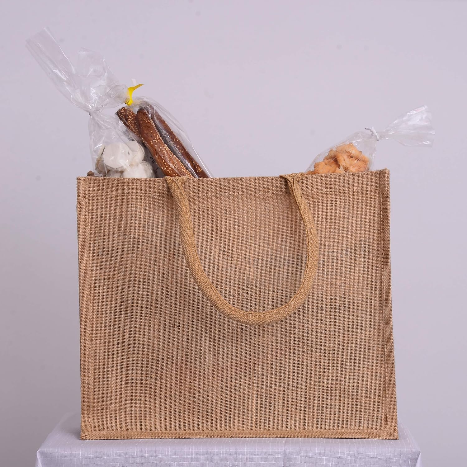 TBF Jute Burlap Tote Bags Soft Cotton Handles Laminated Interior Reusable Grocery Shopping Bags w/Full Gusset Bags (Pack of 6, Large - 15.5" x 13.75" x 6")