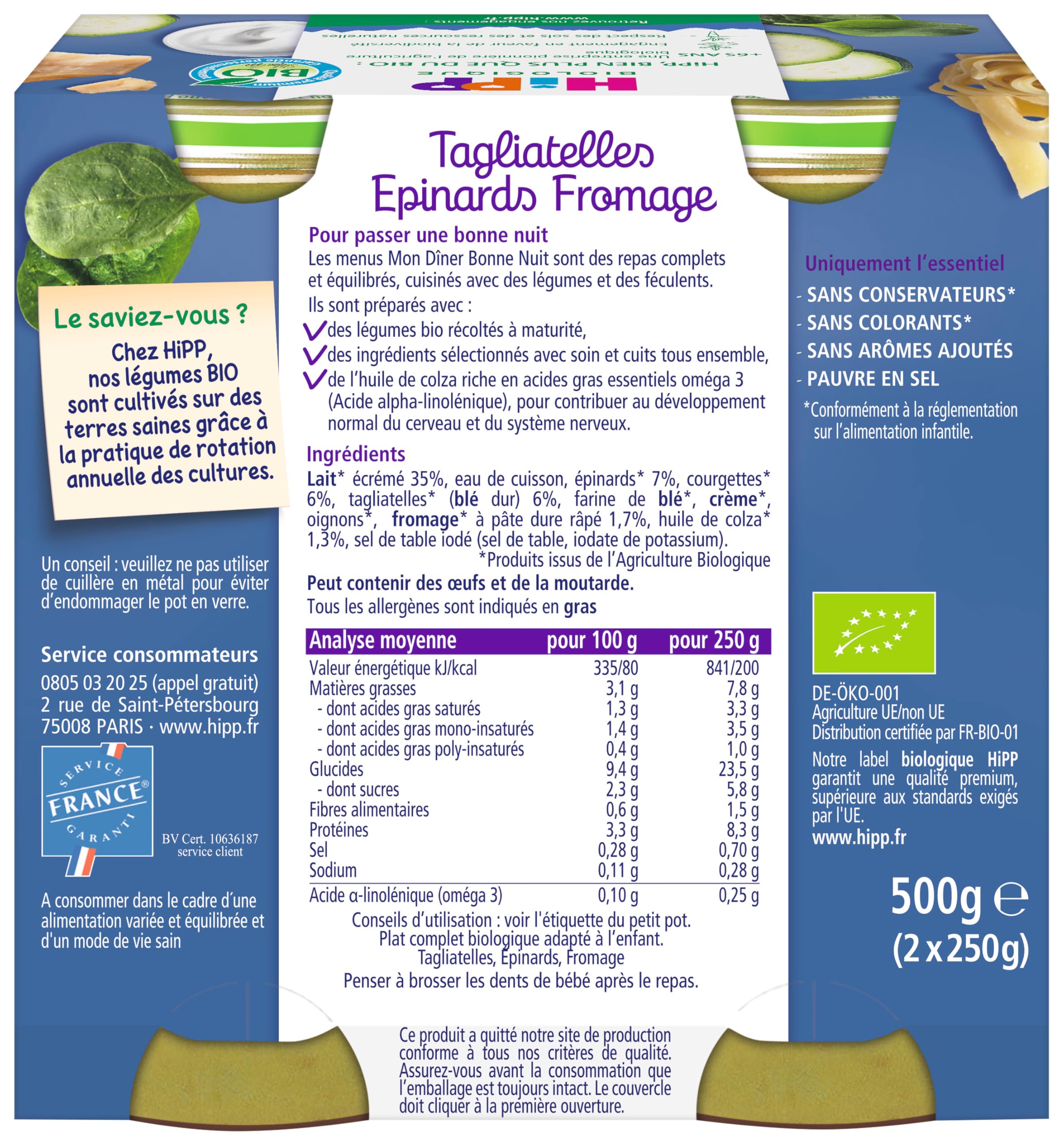 HiPP - Mon Dîner Bonne Nuit - Tagliatelles Epinards Fromage - Pots 2x250g - Lot de 6 - BIOLOGIQUE