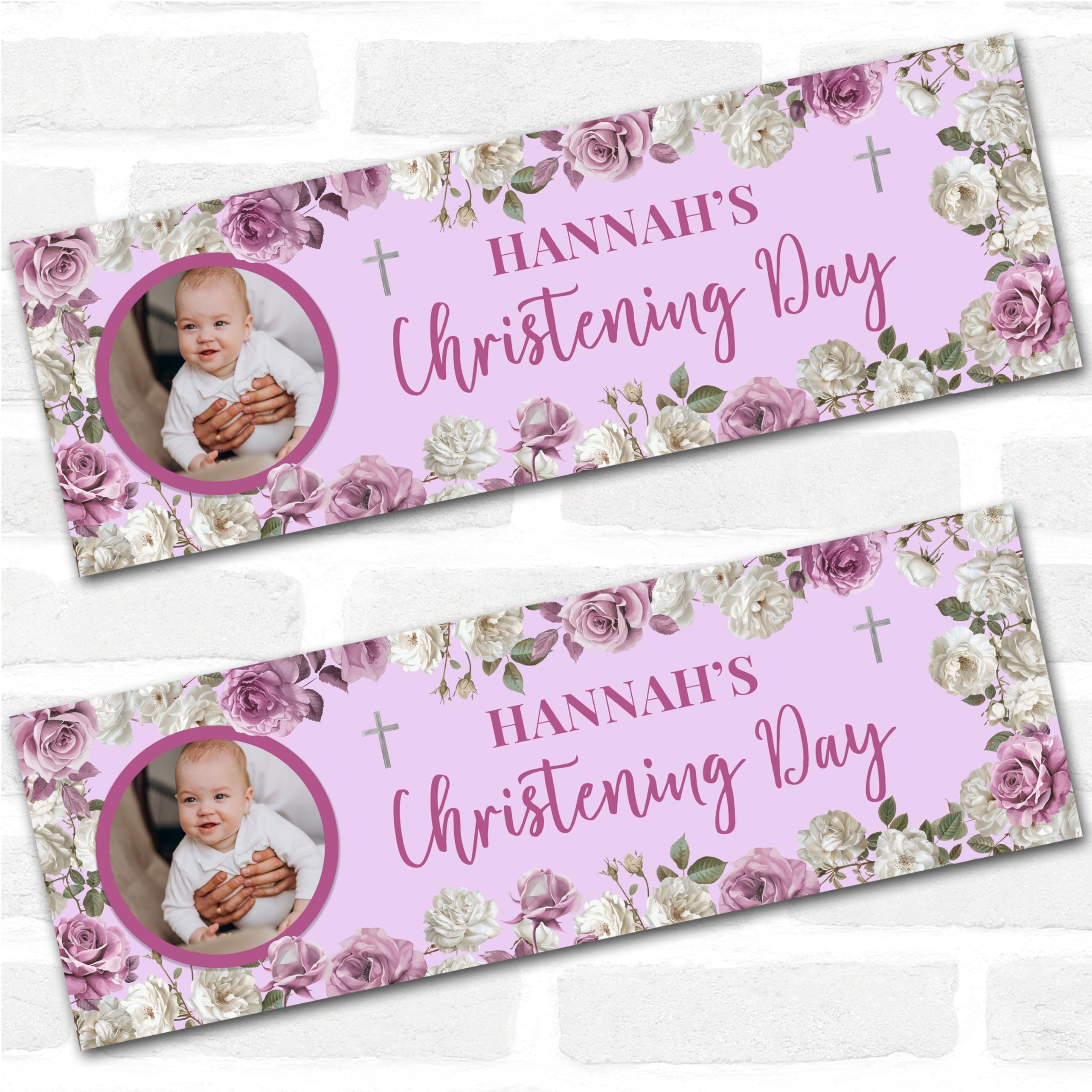 Personalised Party Banner For Christening Girl Photo Pink Flowers Cross | Custom Large Party Decoration, Event Banner, Backdrop, Décor, Signage. 3 ft x 1 ft | 4.5 ft x 1.5 ft | 6 ft x 2 ft